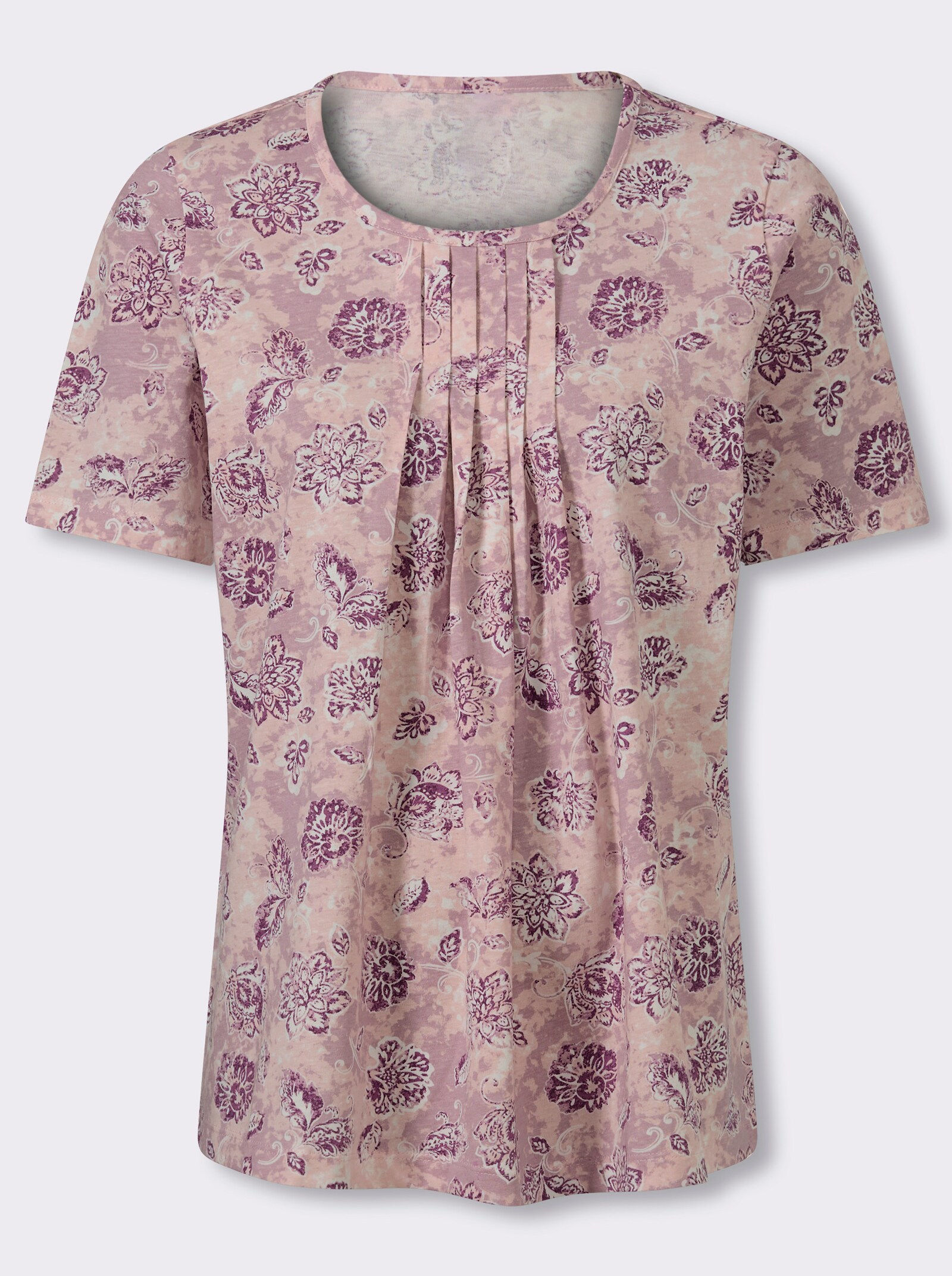 Kurzarmshirt mit Faltenpartie vorne - mauve-hortensie-bedruckt