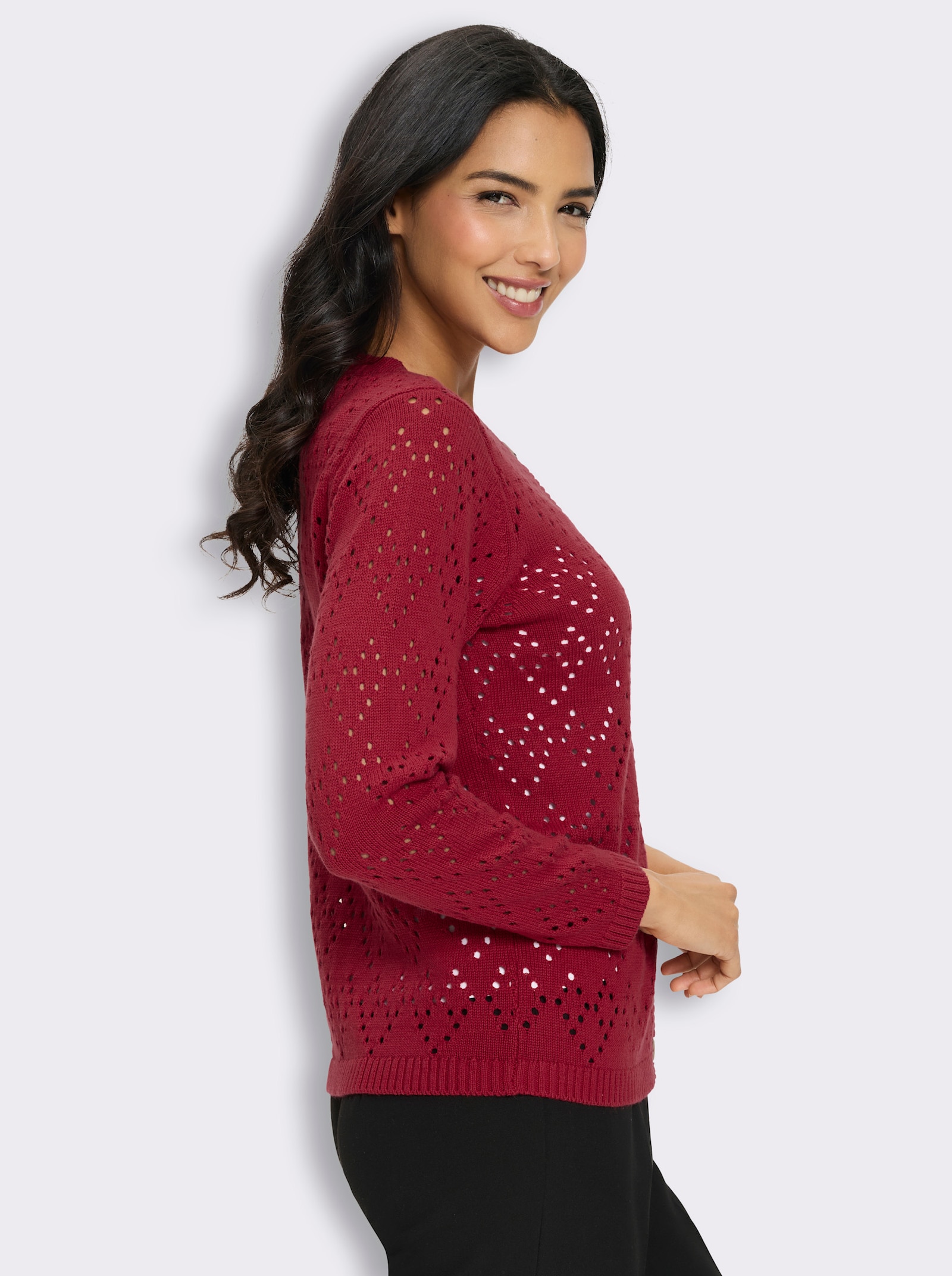 Ajourstrickjacke mit Muster in Herz-Optik - kirsche