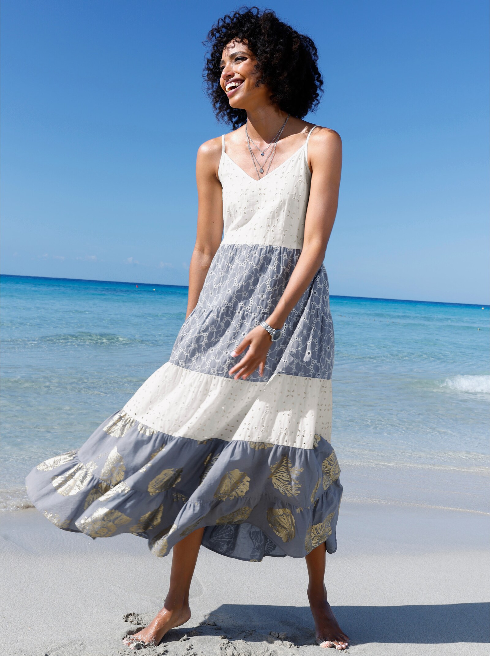 heine Gelaagde jurk met ajourwerk - ecru/bleu gedessineerd