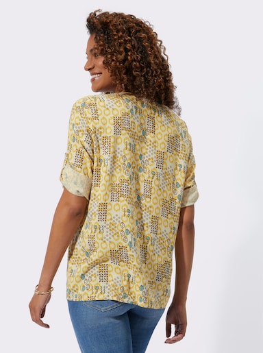 Longbluse mit krempelbaren Ärmeln - sand-ocker-bedruckt