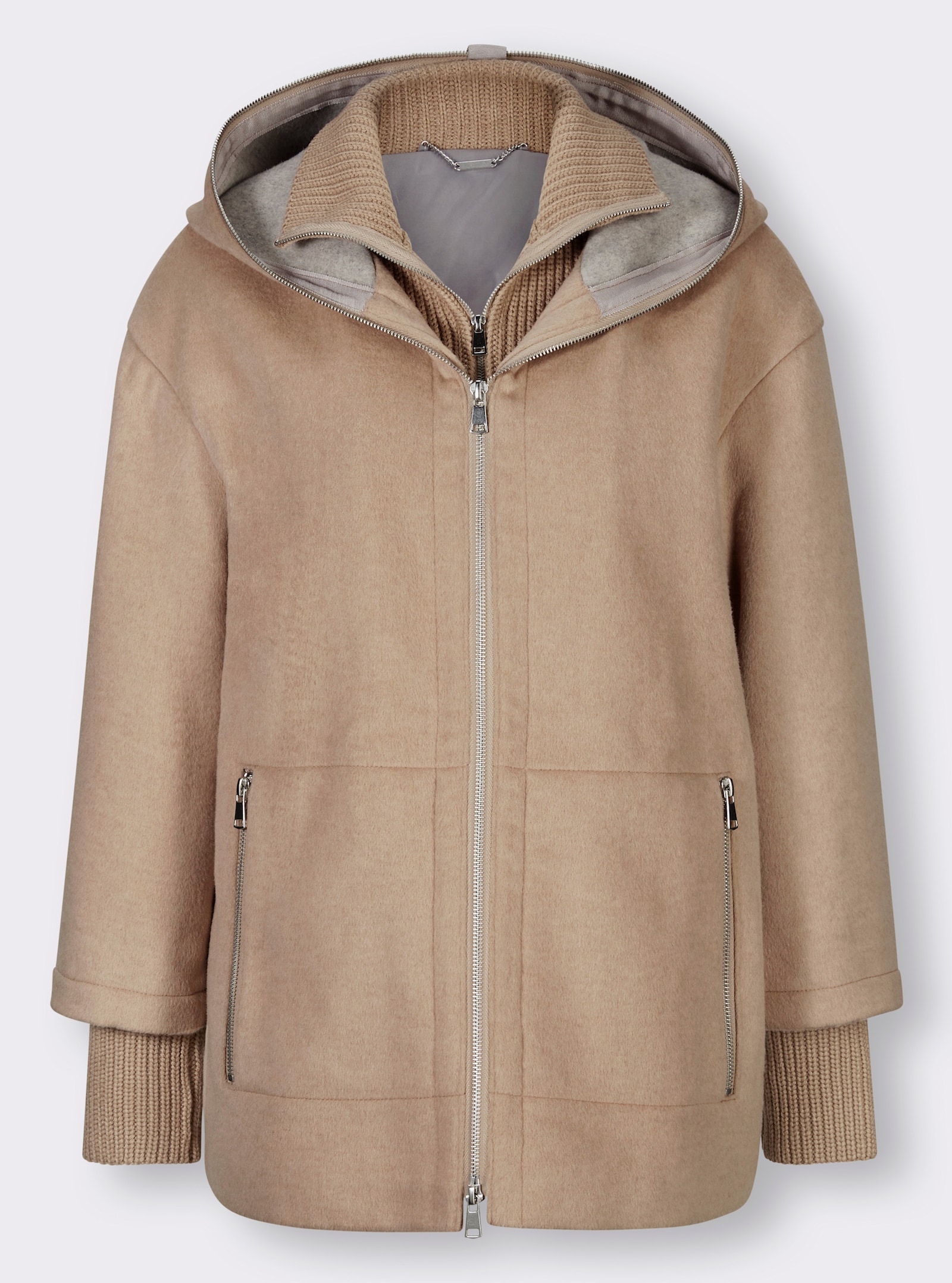 Manisa Wolljacke mit Strickeinsatz am Kragen - camel-sand-meliert
