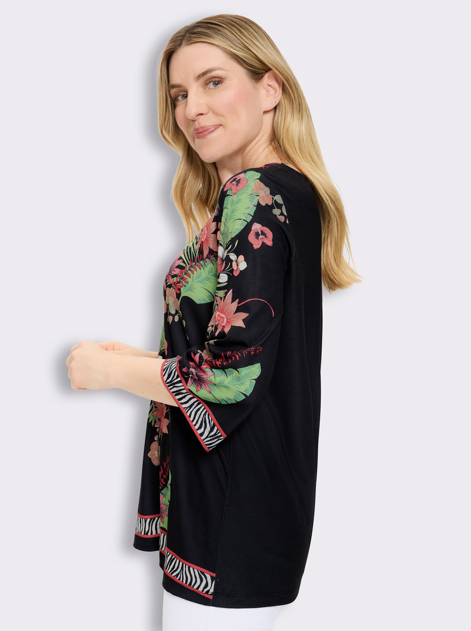 Tunikashirt mit Bordüren-Druck - schwarz-flamingo-bedruckt