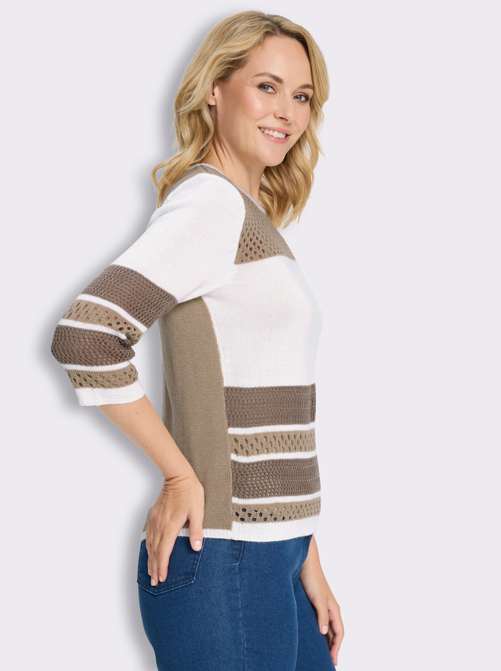 3/4-Arm-Pullover in Ajourstrick - ecru-beige-gestreift