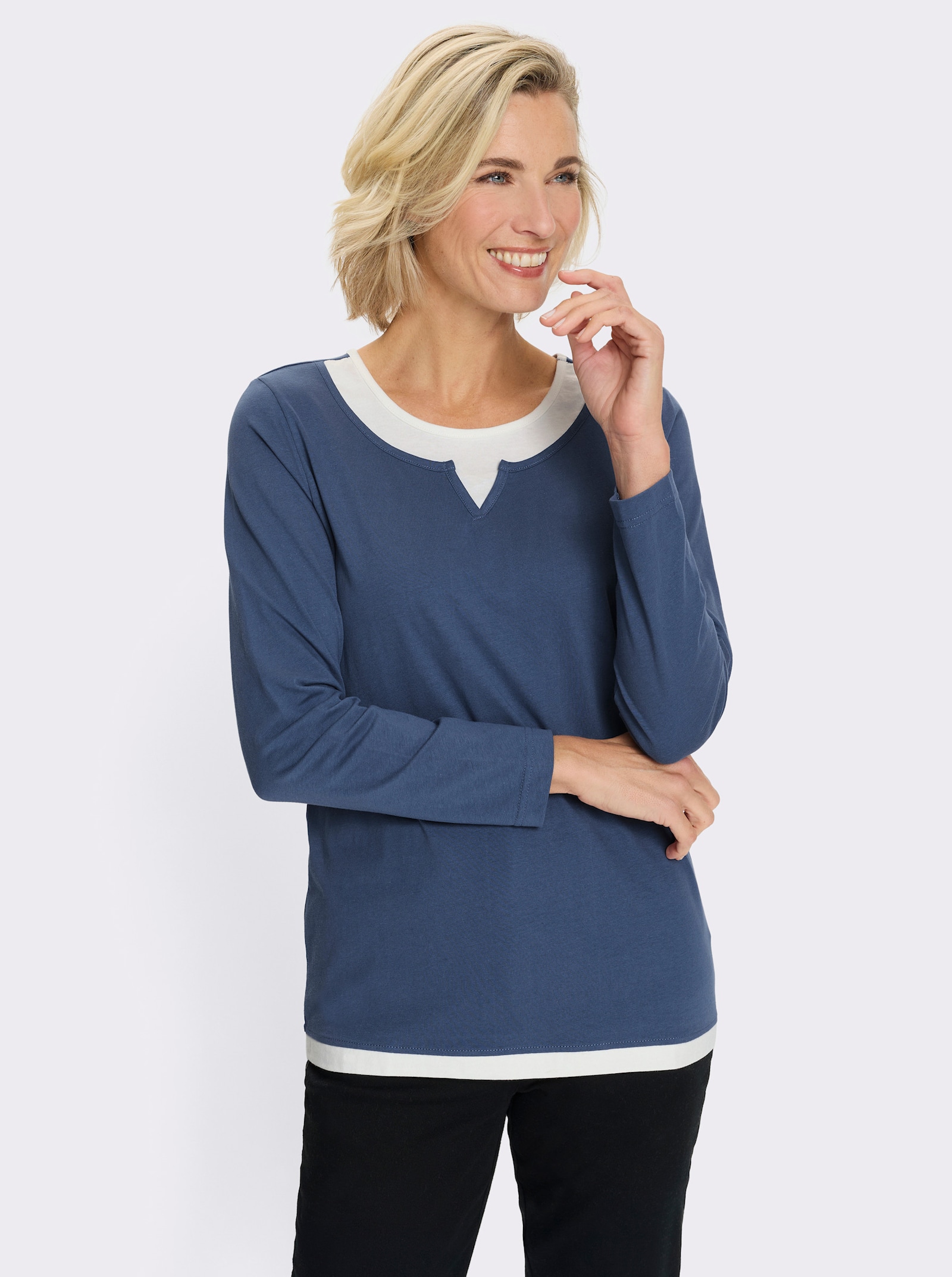 2-in-1-Shirt mit kontrastfarbenen Einsätzen - jeansblau