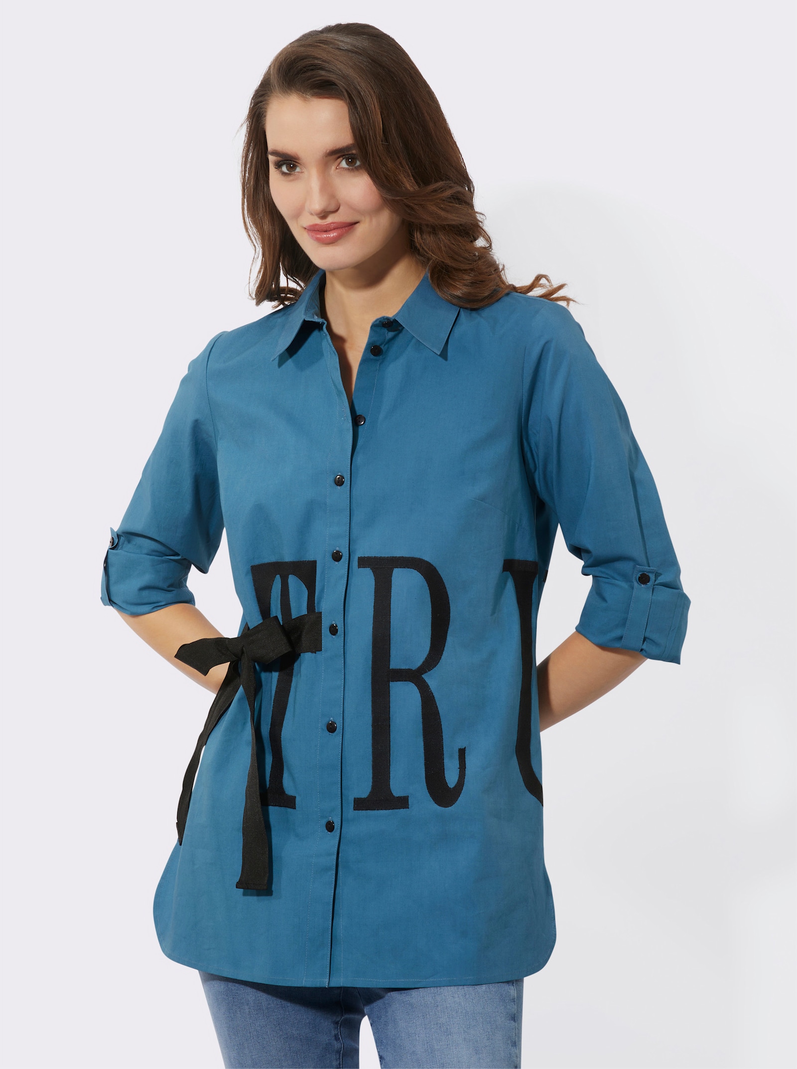 Longbluse mit Stickerei-Schriftzug - topas-schwarz