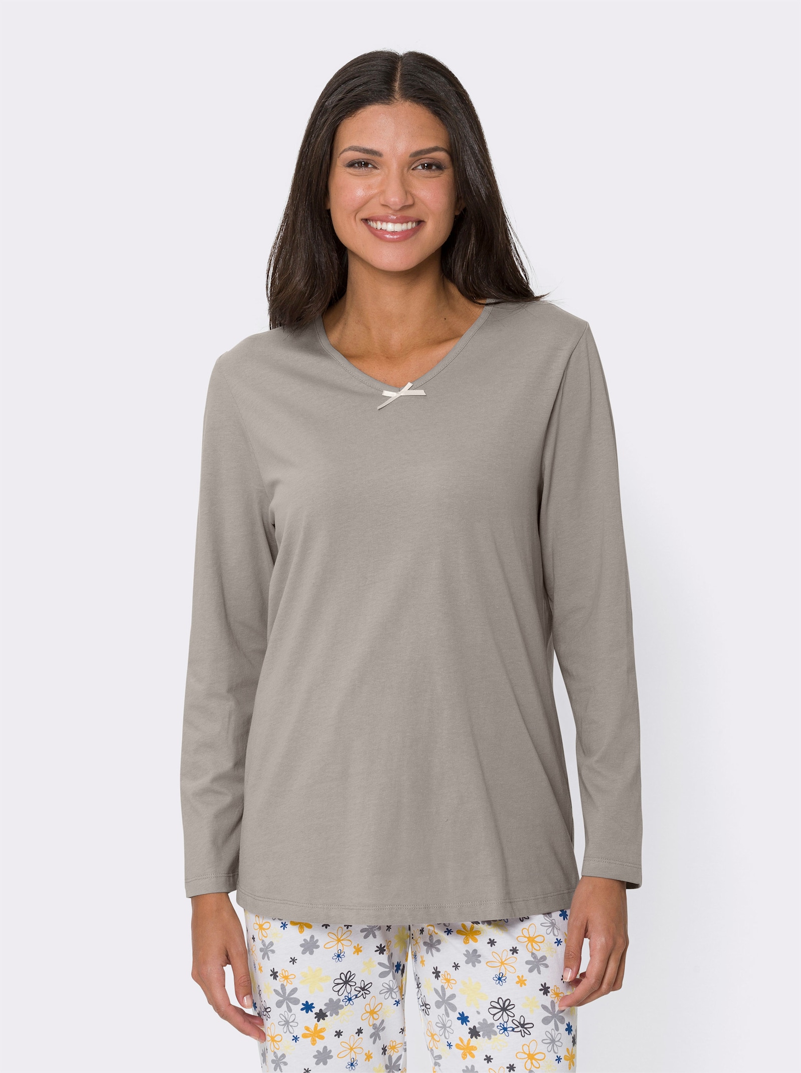 Schlafanzugshirt mit Satin-Schleife, reine Baumwolle - steingrau