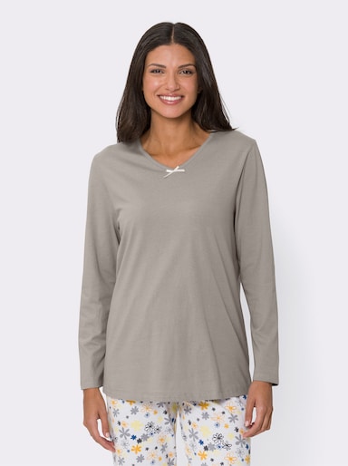Schlafanzugshirt mit Satin-Schleife, reine Baumwolle - steingrau