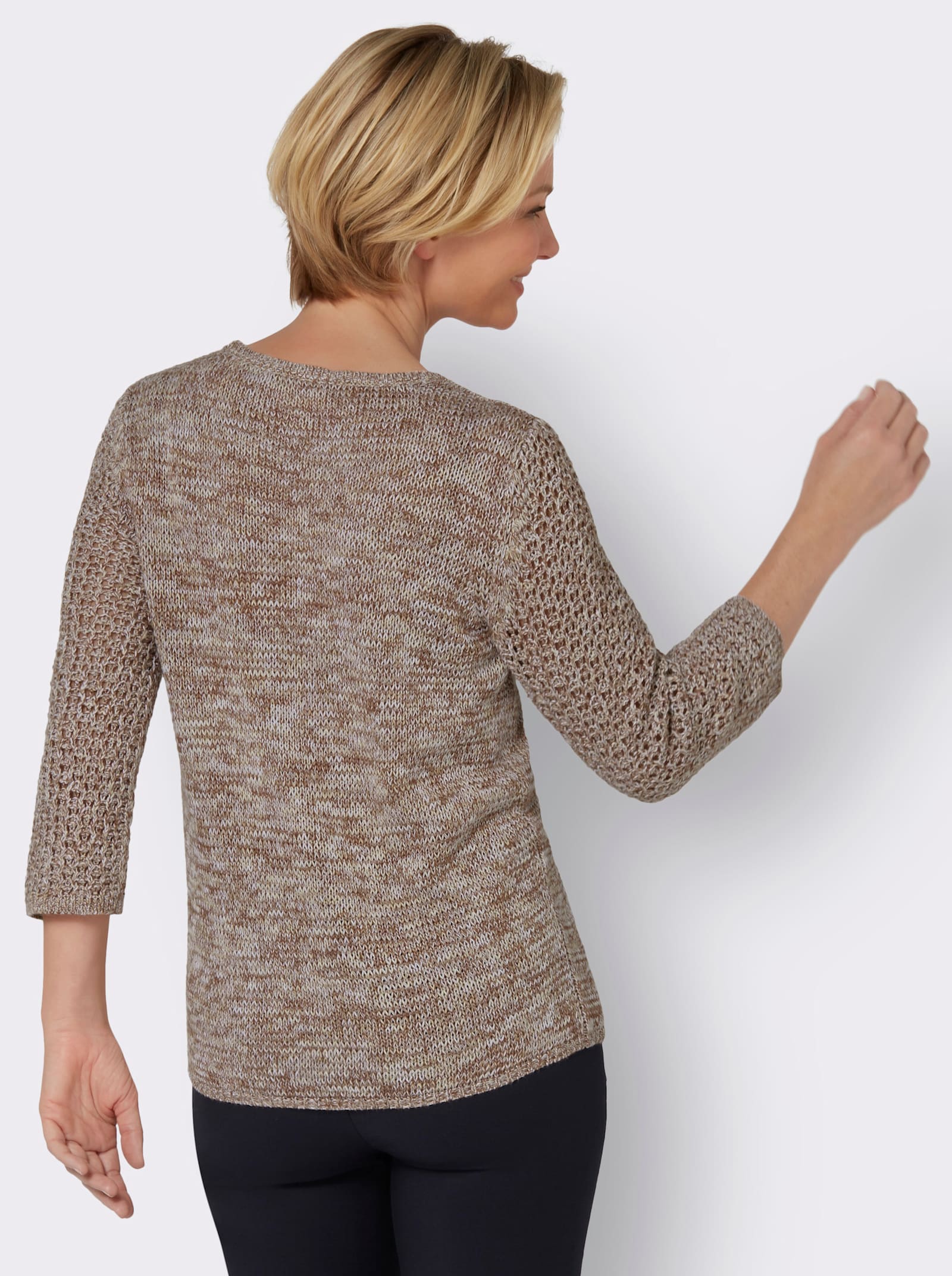 Rundhalspullover mit Ajour-Partien - braun-zitrone-meliert