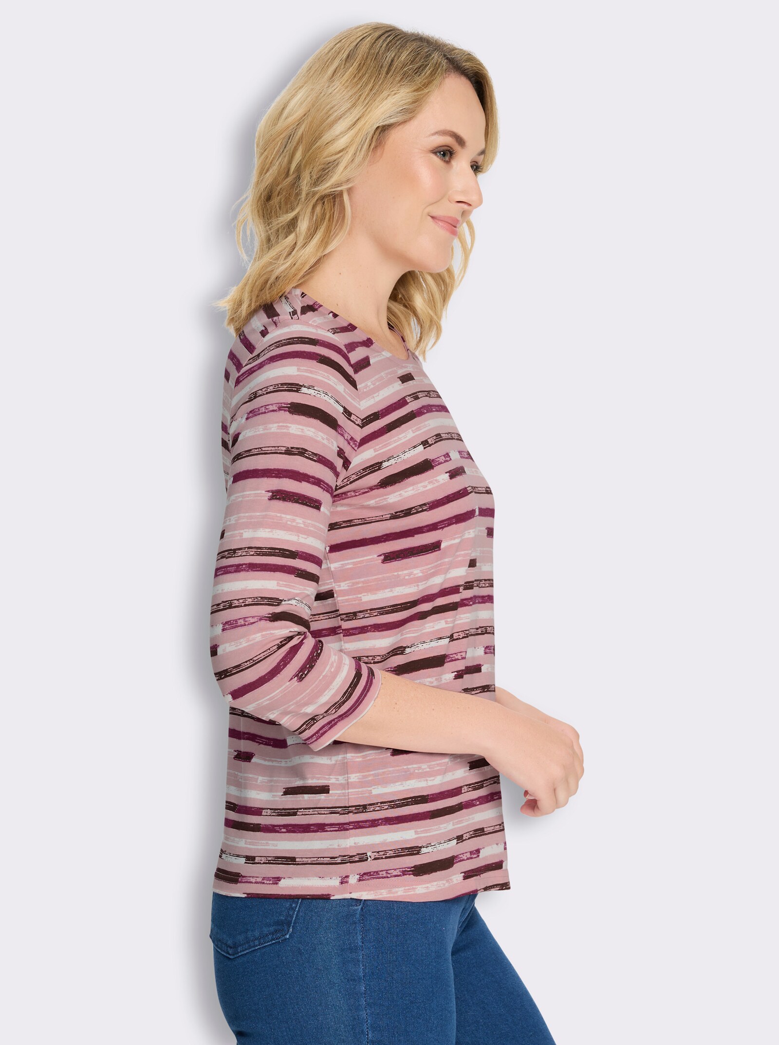 Rundhalsshirt mit Streifen-Print - hortensie-malve-bedruckt
