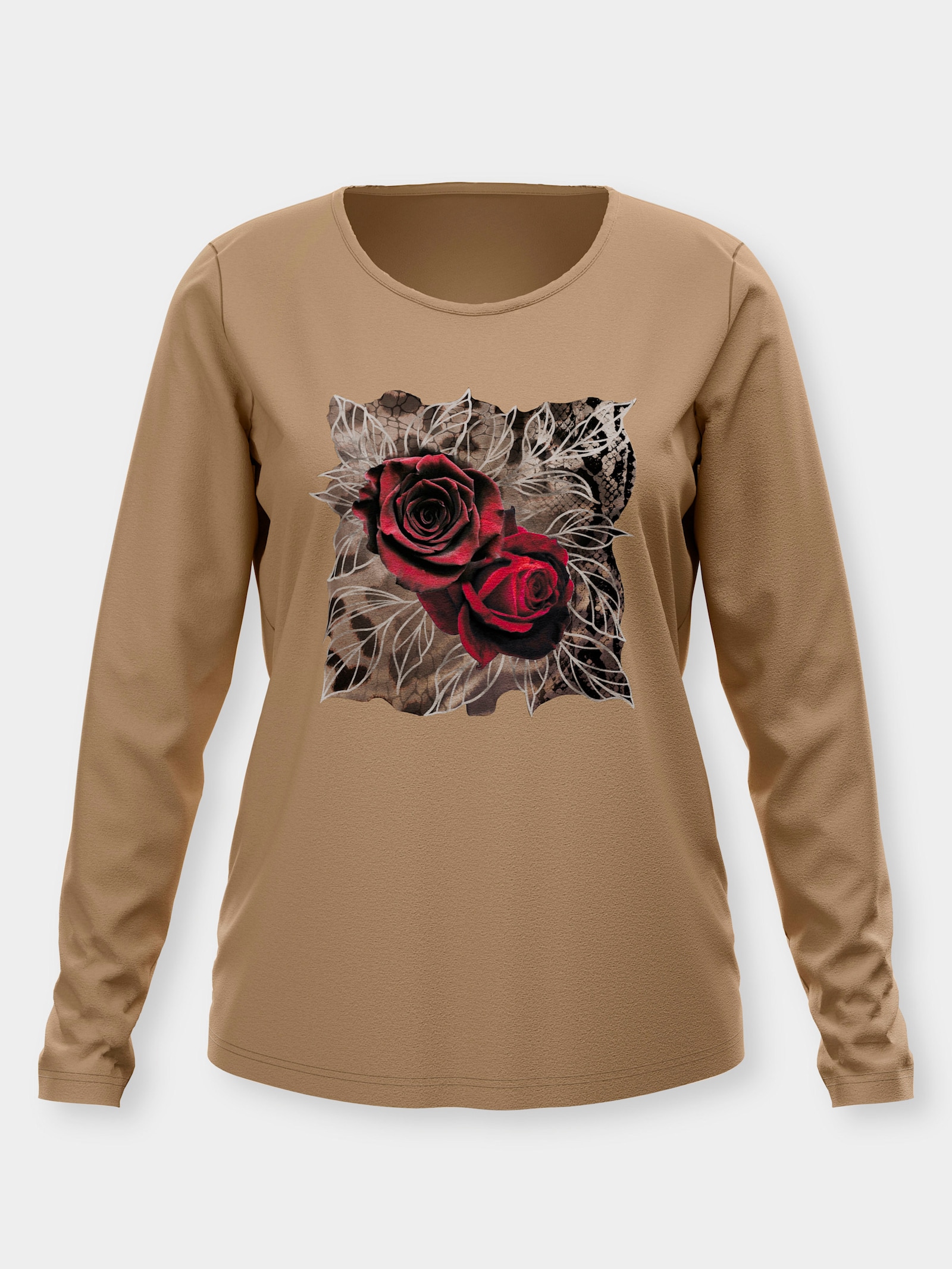Langarmshirt mit platziertem Rosen-Leo-Print - camel