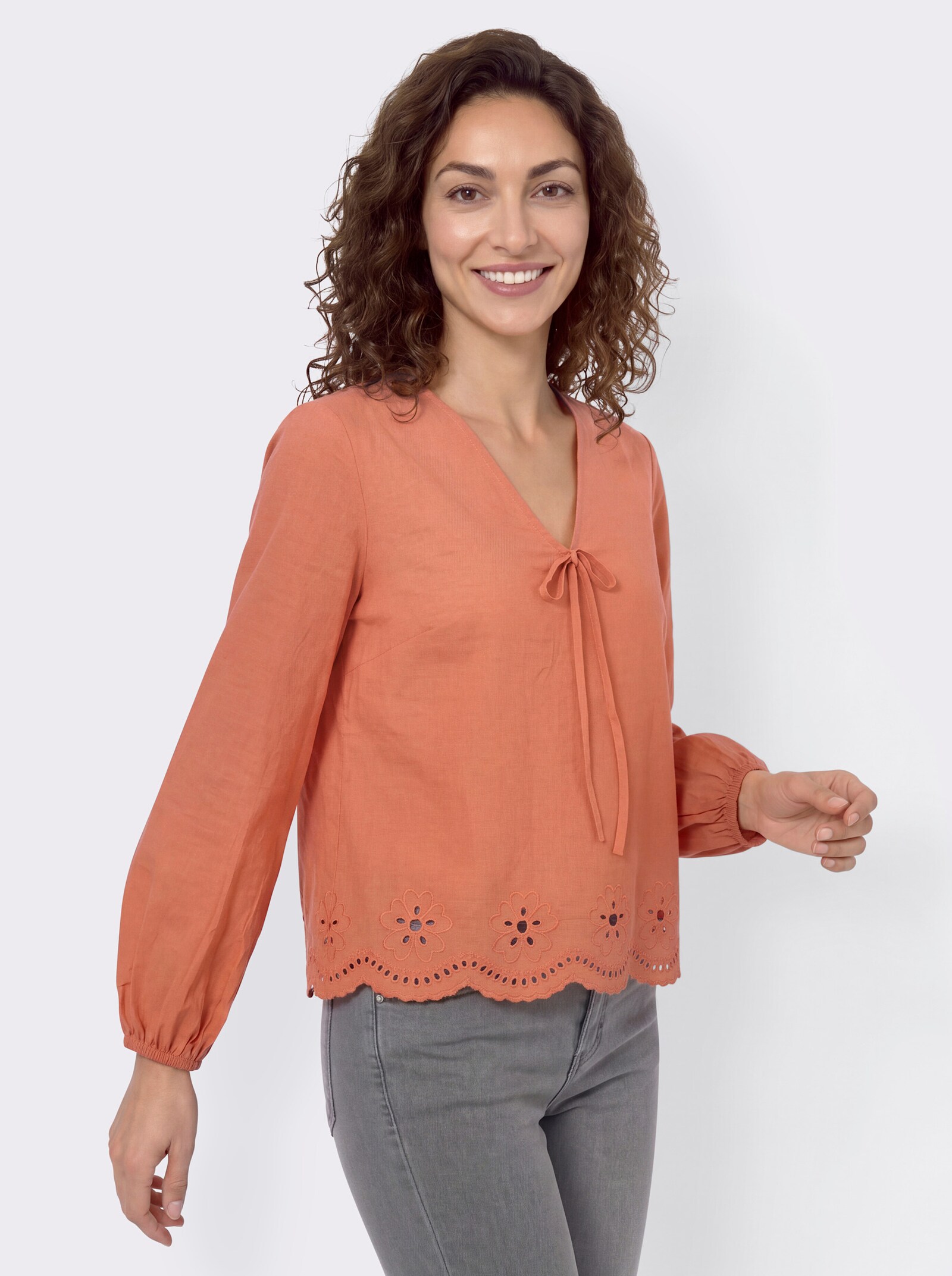 Baumwollbluse mit Lockstickerei - papaya