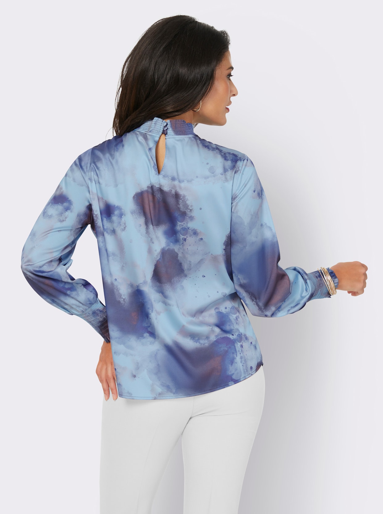 Satijnen blouse - lichtblauw/marine bedrukt