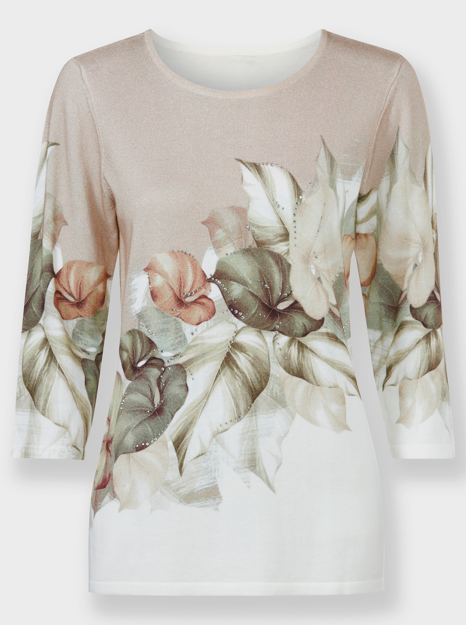 3/4 Arm-Pullover mit Glitzersteinchen - ecru-schlamm-bedruckt