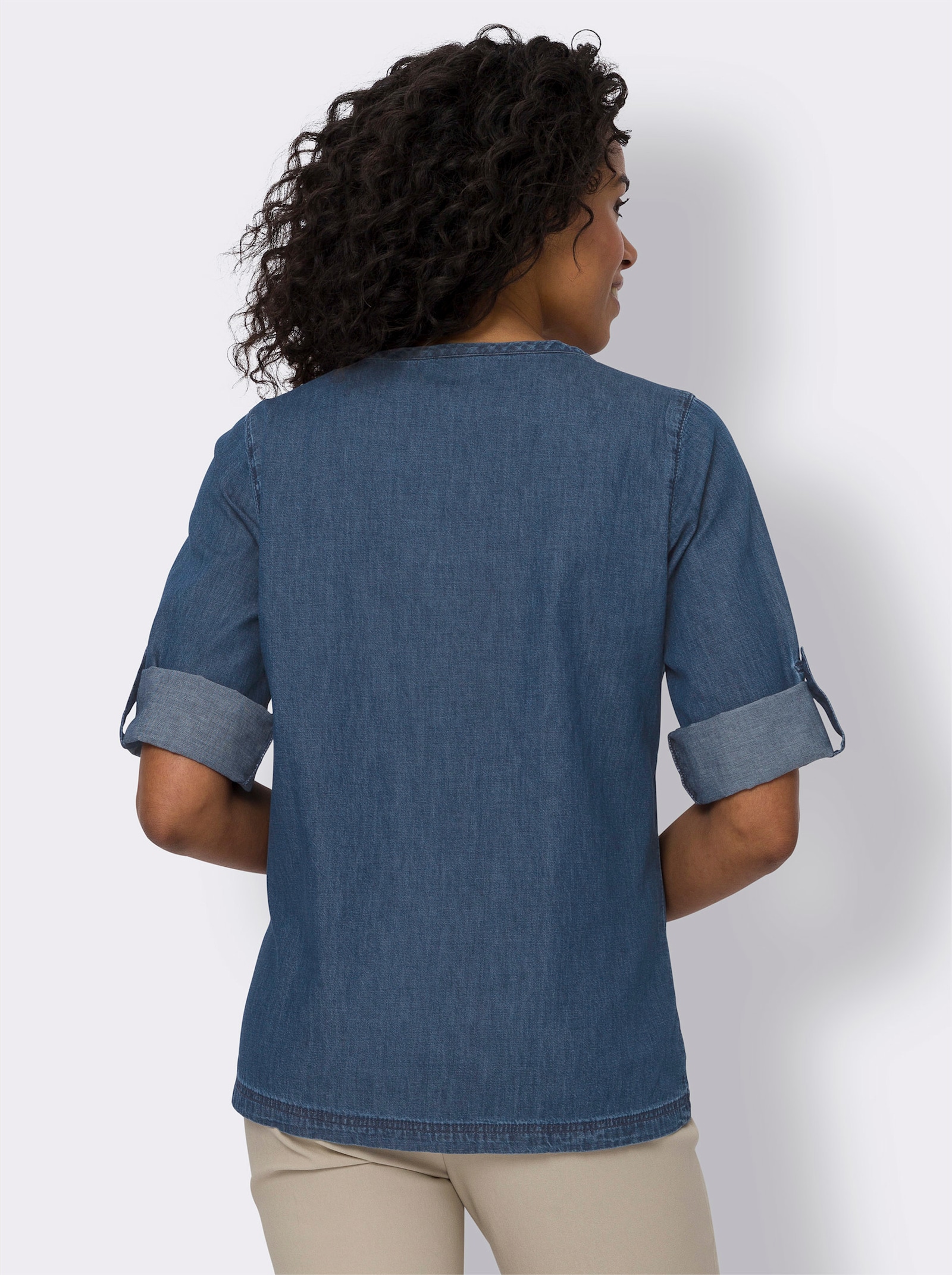 Jeansblouse met sierknoopsluiting - blue-stonewashed