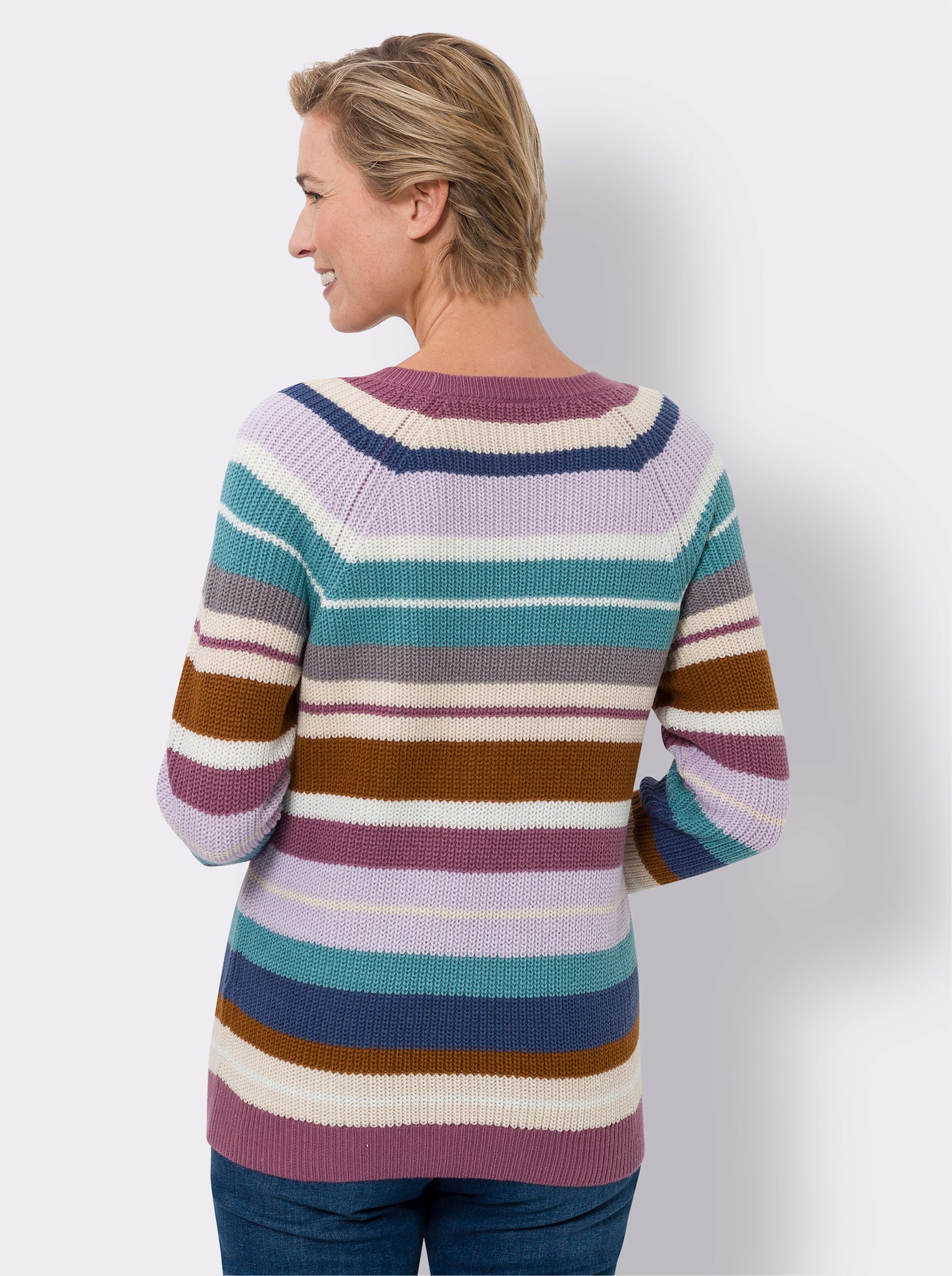 Langarm-Pullover in Ripp-Optik - jeansblau-violett-gestreift