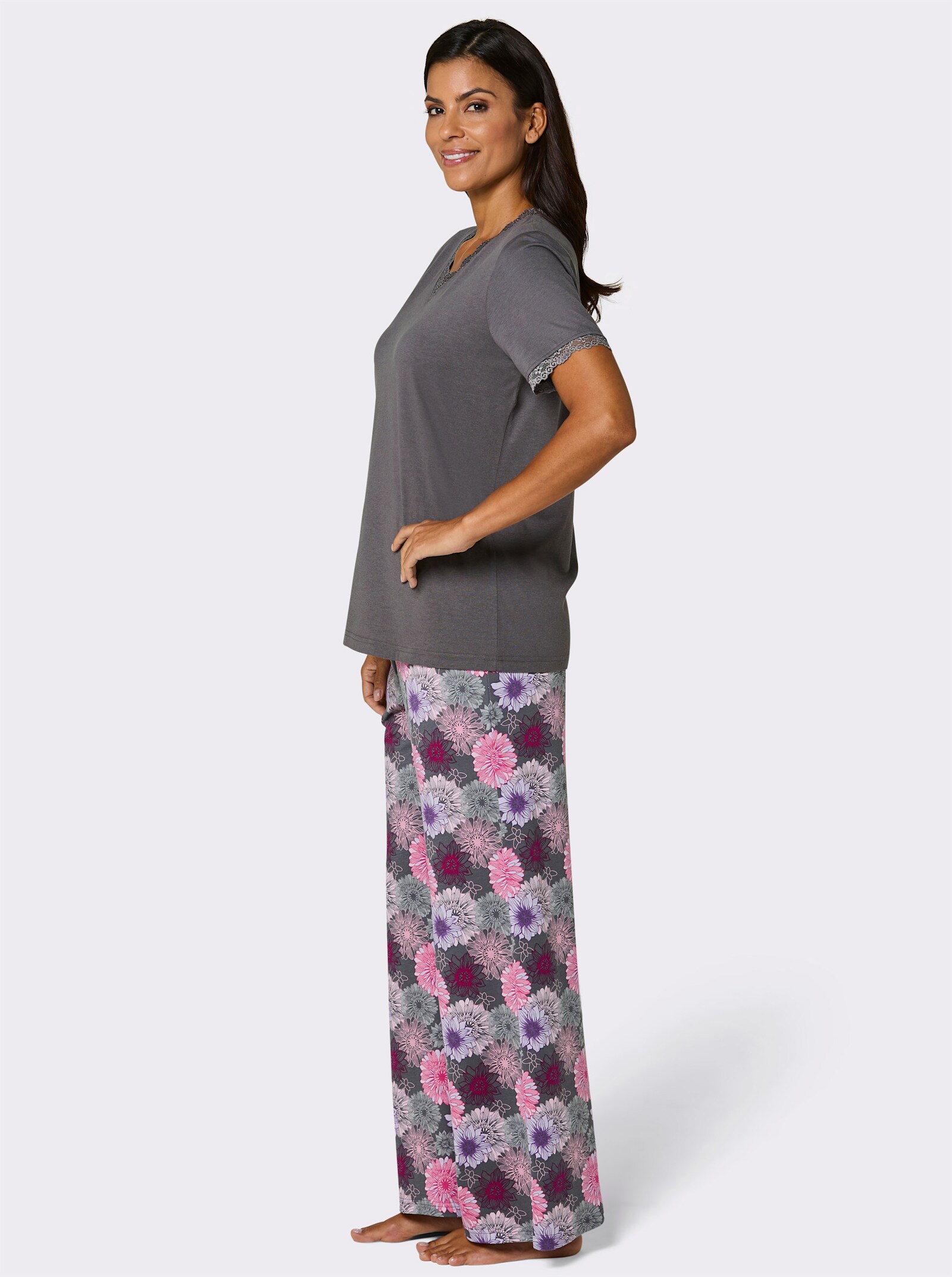 wäschepur Schlafanzug mit geblümter Hose - anthrazit-fuchsia-bedruckt
