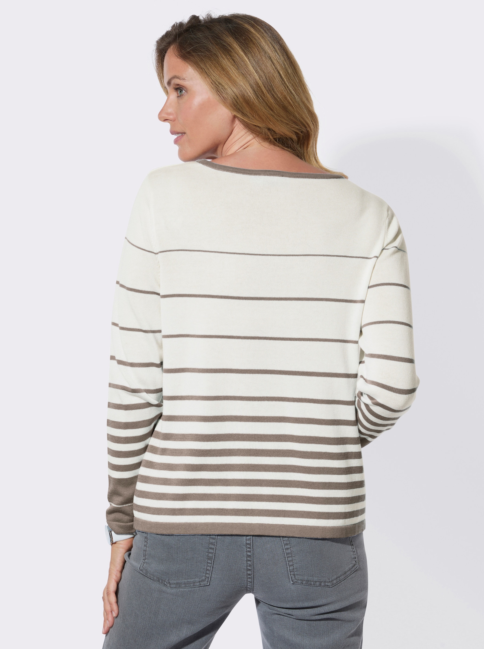 Rundhalspullover mit Ringeldessin - ecru-taupe-gemustert