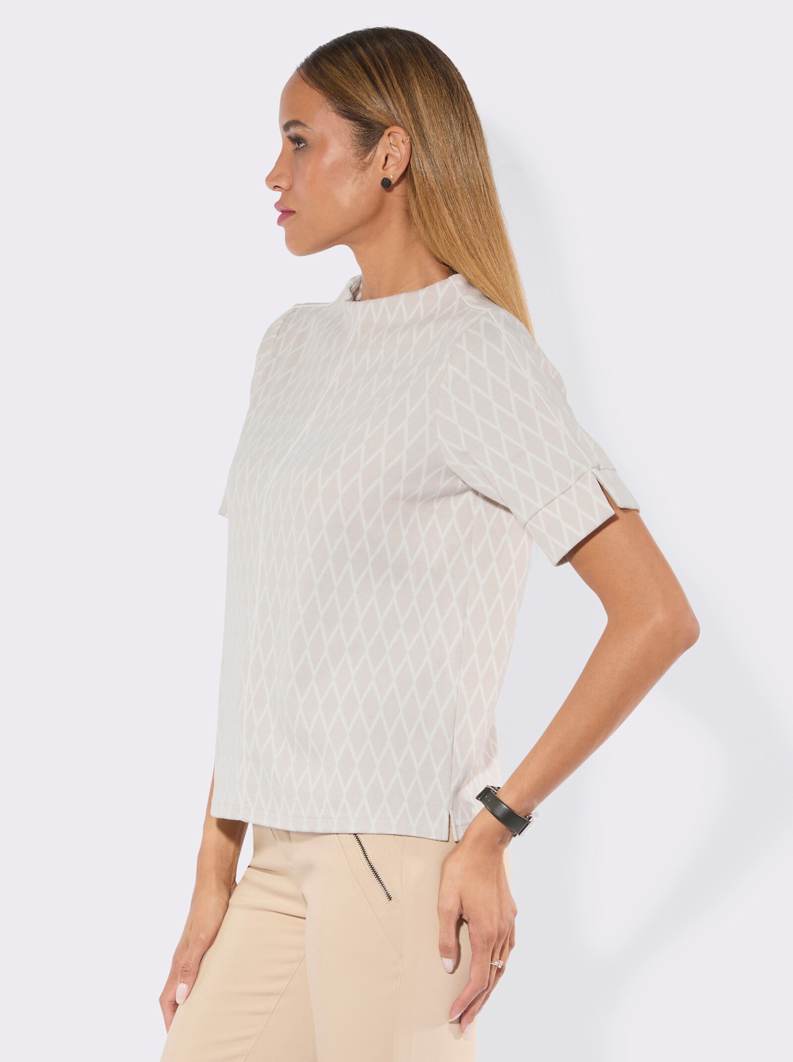 Kurzarmshirt in Interlock-Qualität - hellgrau-ecru-gemustert