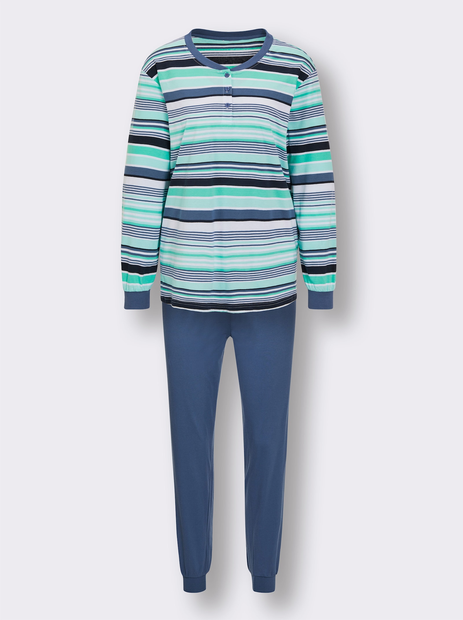 wäschepur Schlafanzug in 2 Qualitäten erhältlich - jeansblau-mint-geringelt