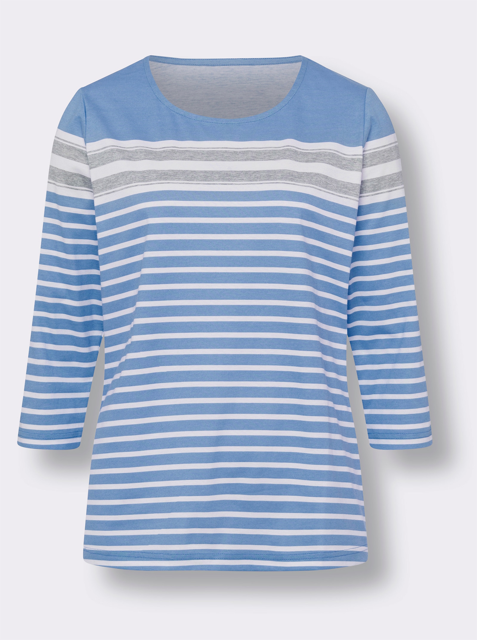 Bomullstopp med trekvartsärm, randig - mellanblå-ecru-randig