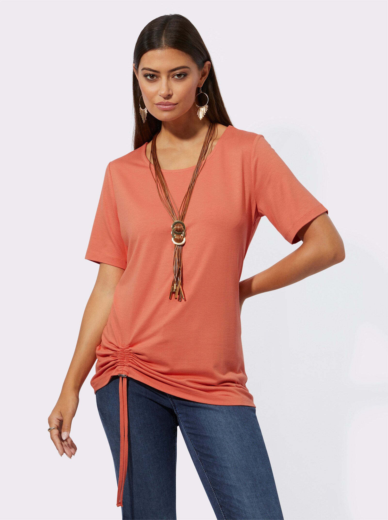 Kurzarmshirt mit Raffung am Saum - papaya