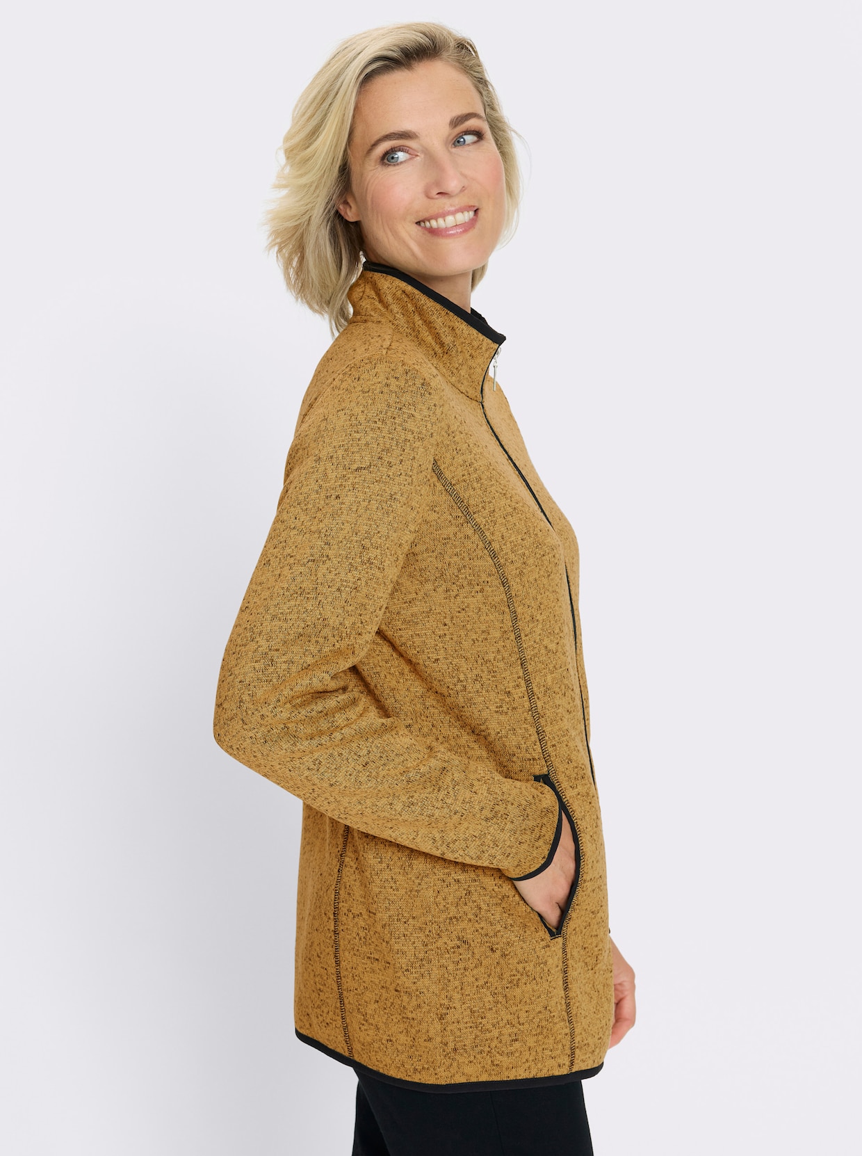 Strickfleecejacke mit elastischen Paspel-Abschlüssen - ocker-schwarz-gemustert