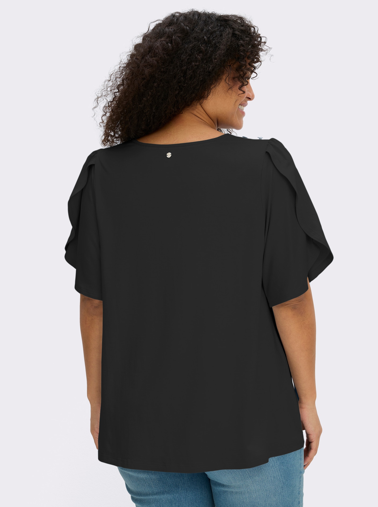sheego Shirt met ronde hals en tulpmouwen - zwart