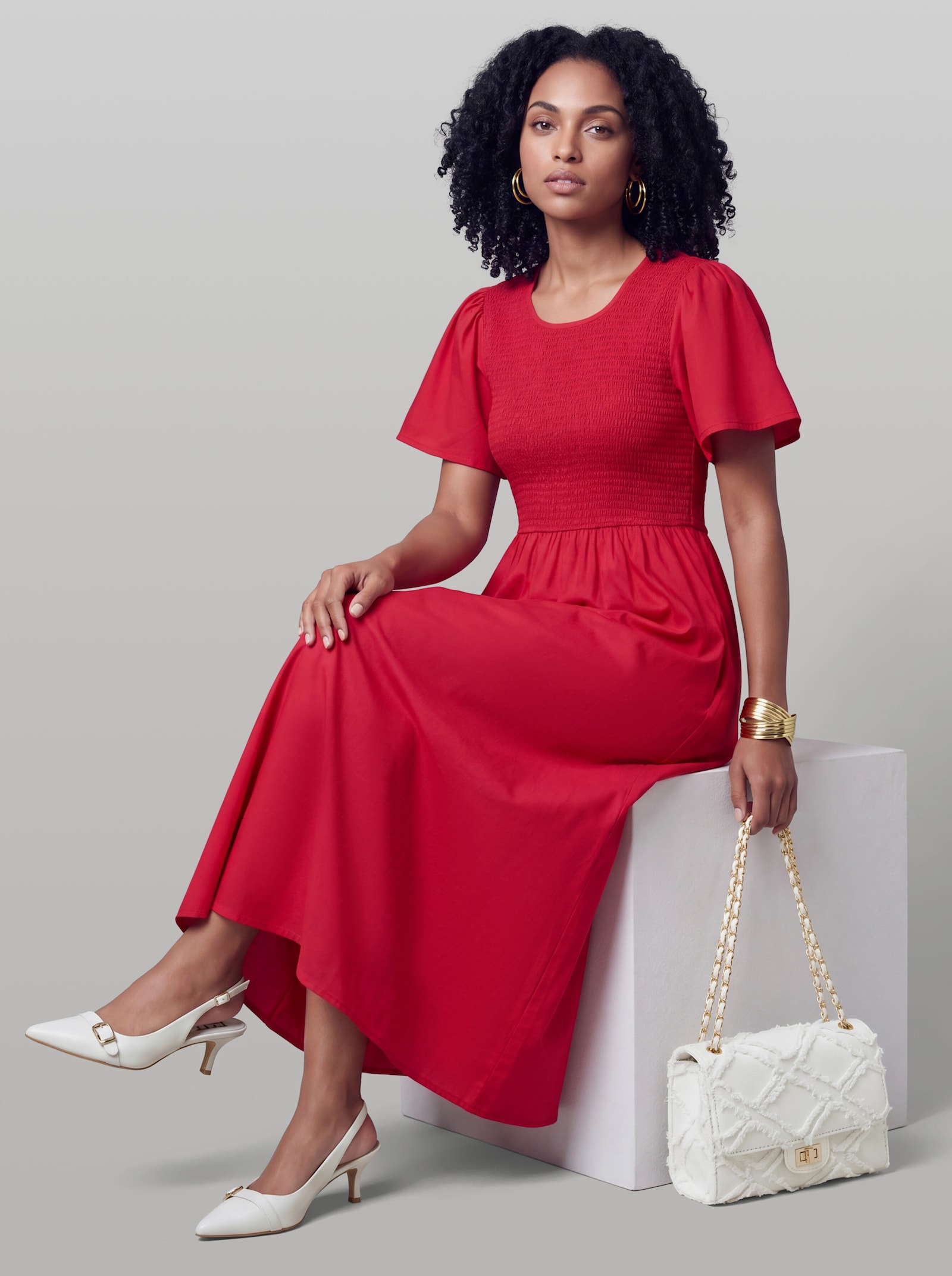 heine Maxikleid mit Smok-Partie - erdbeere