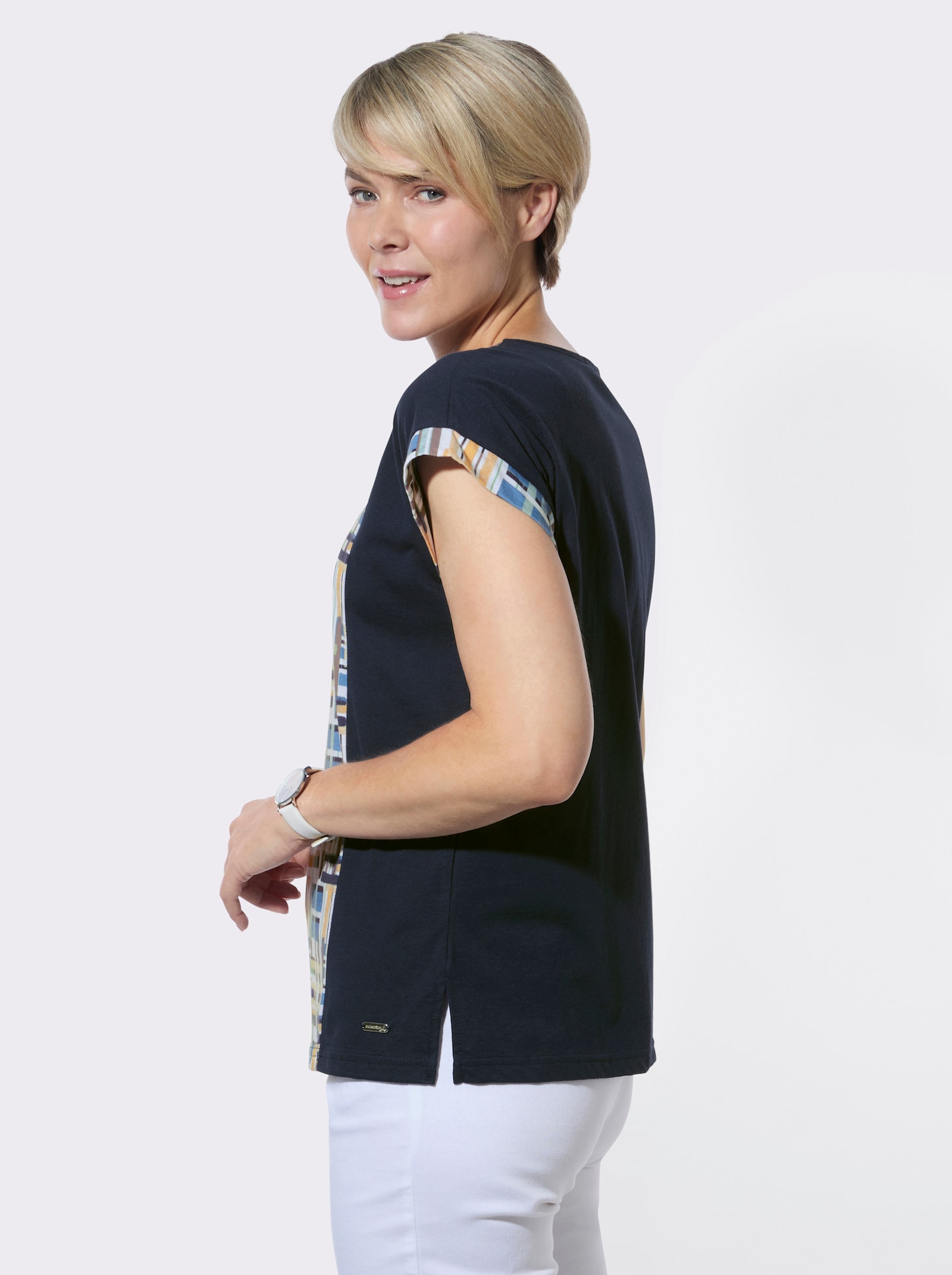 Rundhalsshirt mit platziertem Druck - marine-ocker-bedruckt
