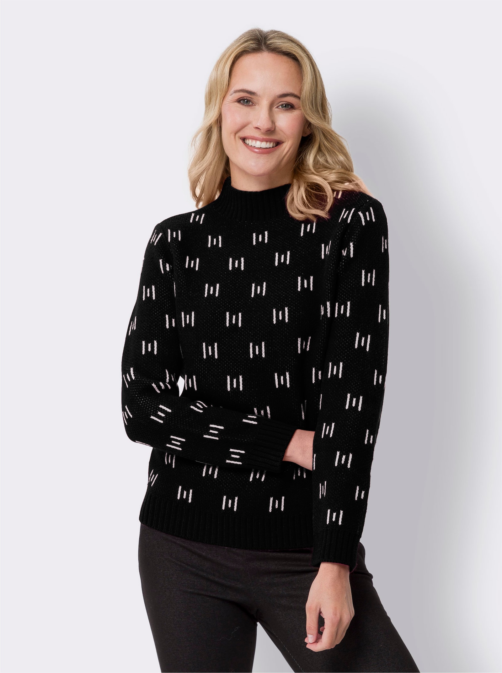 Stehkragenpullover mit Strickmuster - schwarz-ecru-gemustert