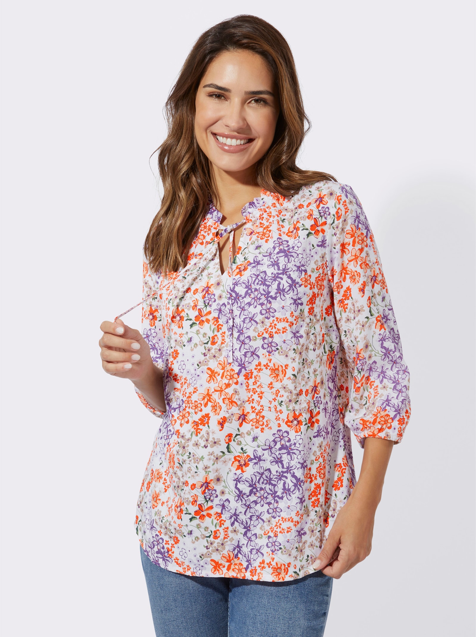 Comfortblouse met ruches - ecru/lila bedrukt