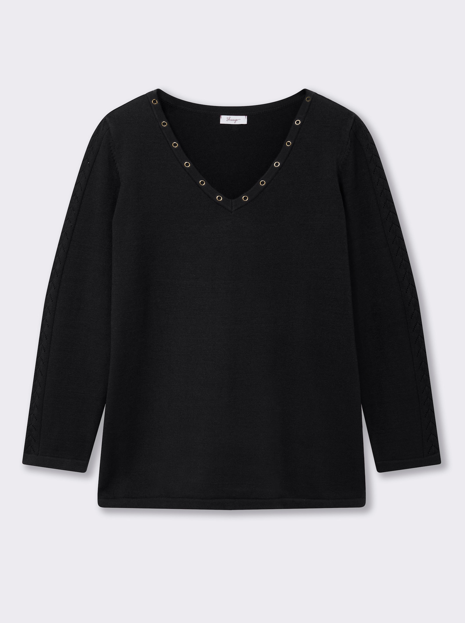 sheego Pullover mit tiefem V-Ausschnitt und Ösenverzierung - schwarz