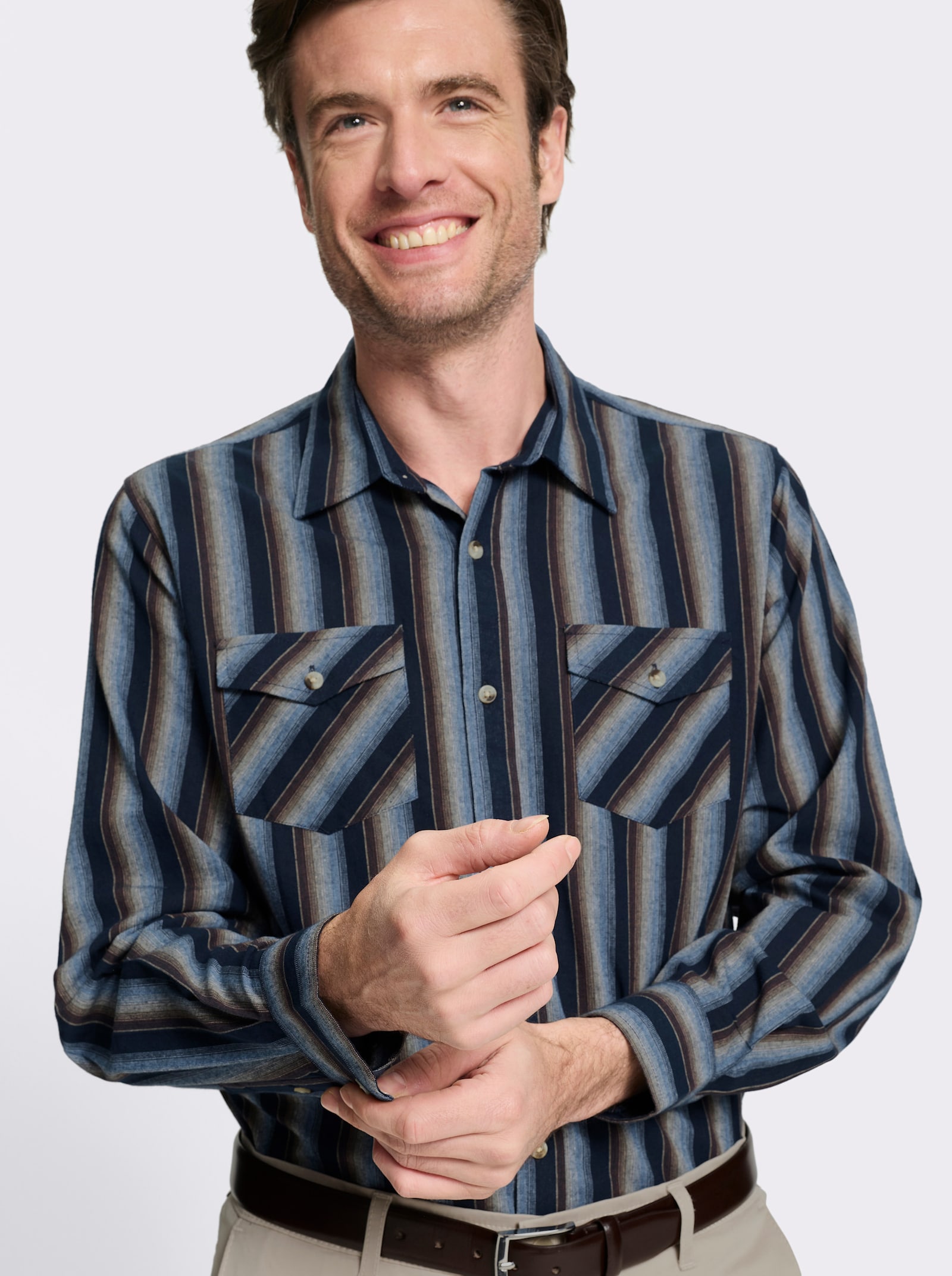 Marco Donati Streifenhemd mit 2 knöpfbaren Brusttaschen - marine-schoko-gestreift