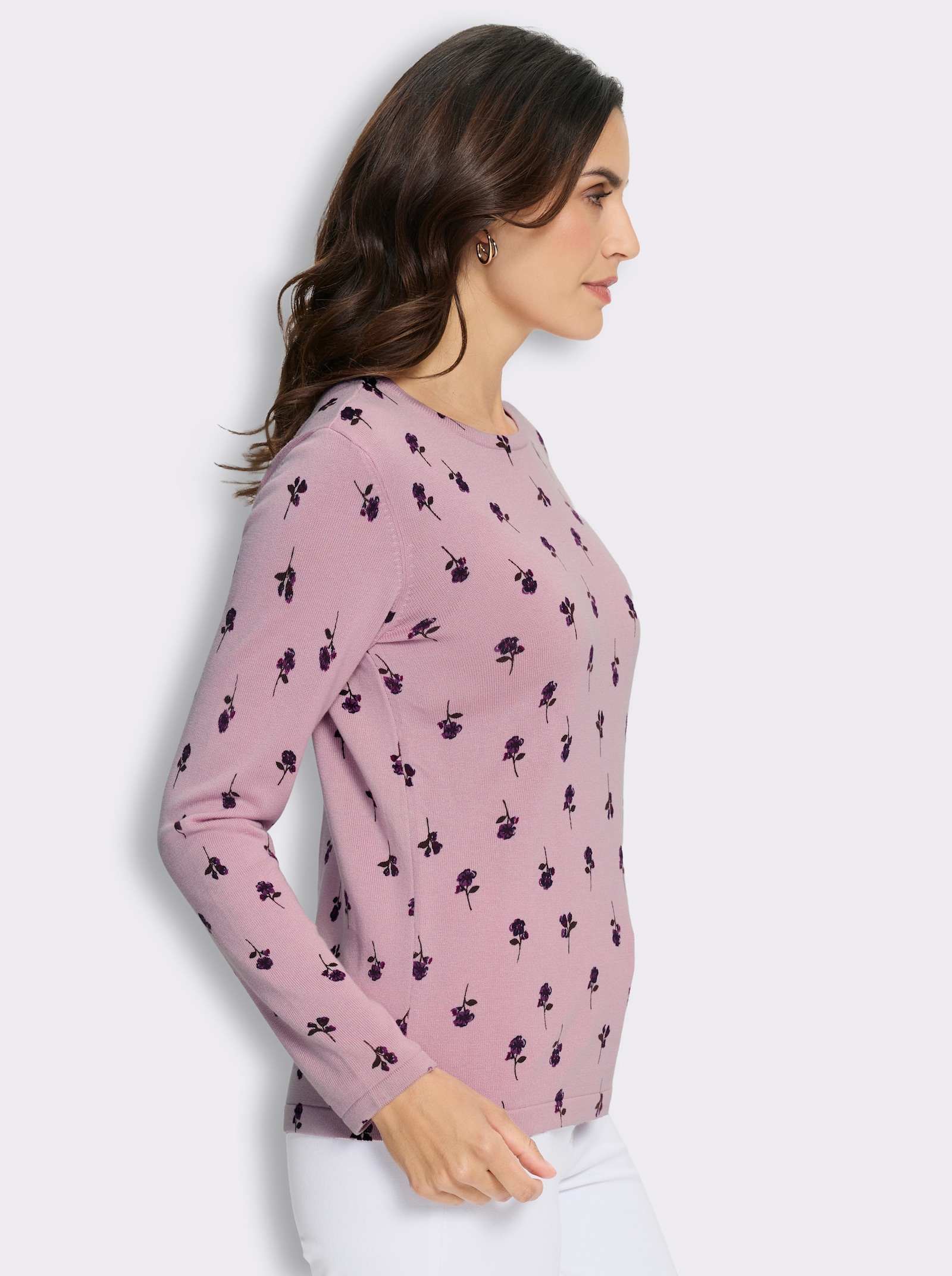 Feinstrickpullover mit Blumen-Dessin - rosé-bedruckt