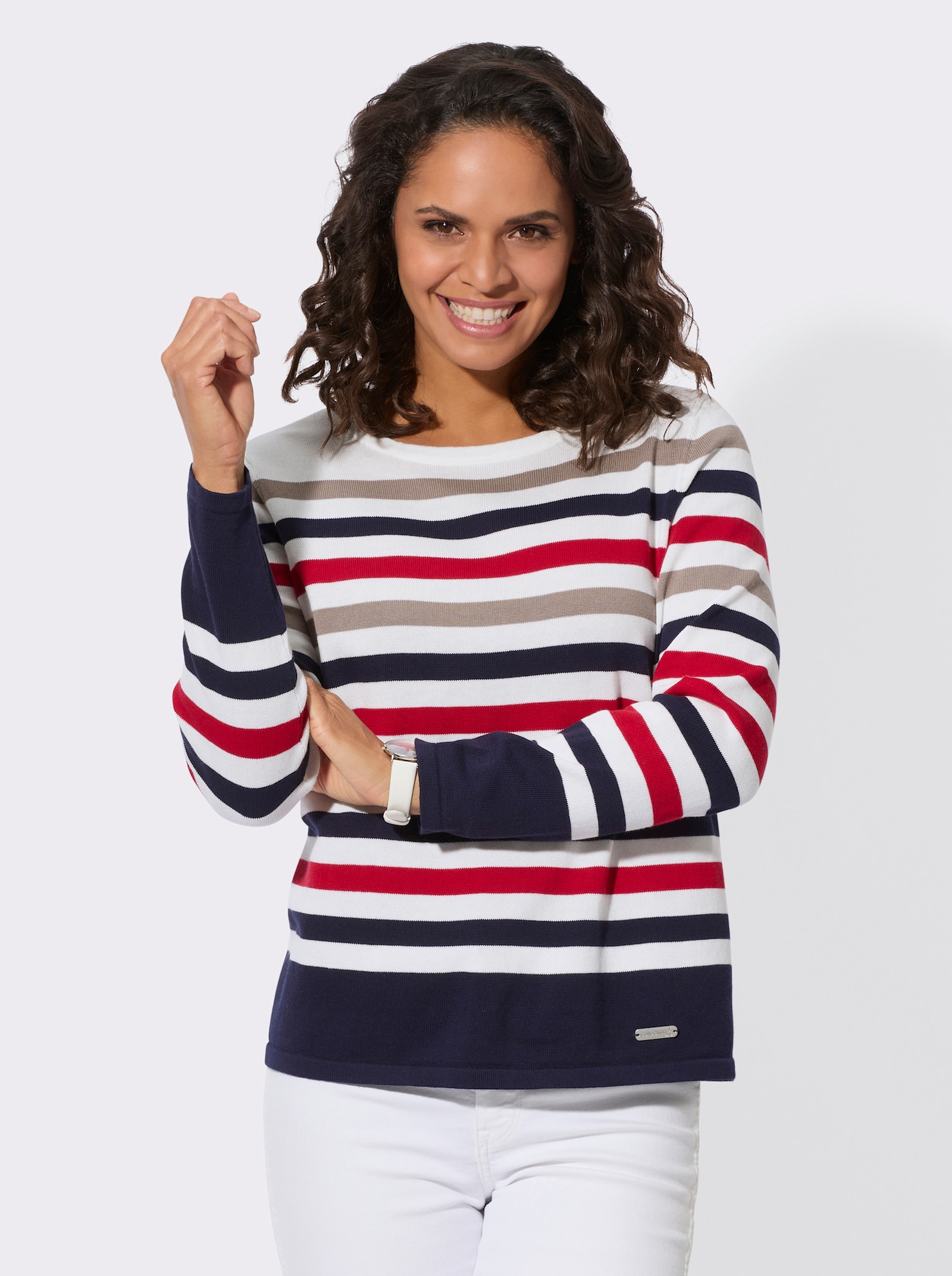 Feinstrickpullover mit Rundhals-Ausschnitt, geringelt - ecru-rot-geringelt