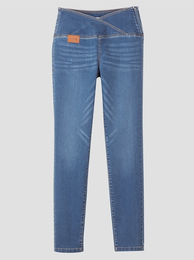 Stretch-Jeans mit überlappendem Bund - blue-bleached
