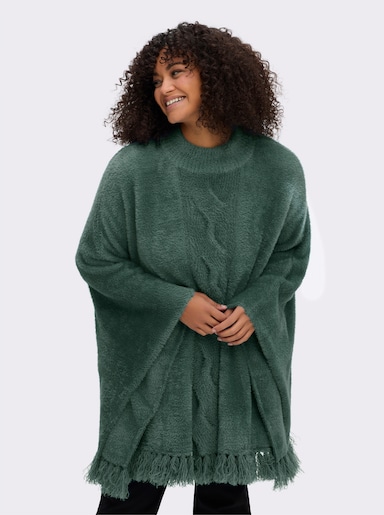 sheego Strickponcho mit Stehkragen und Quasten - moos