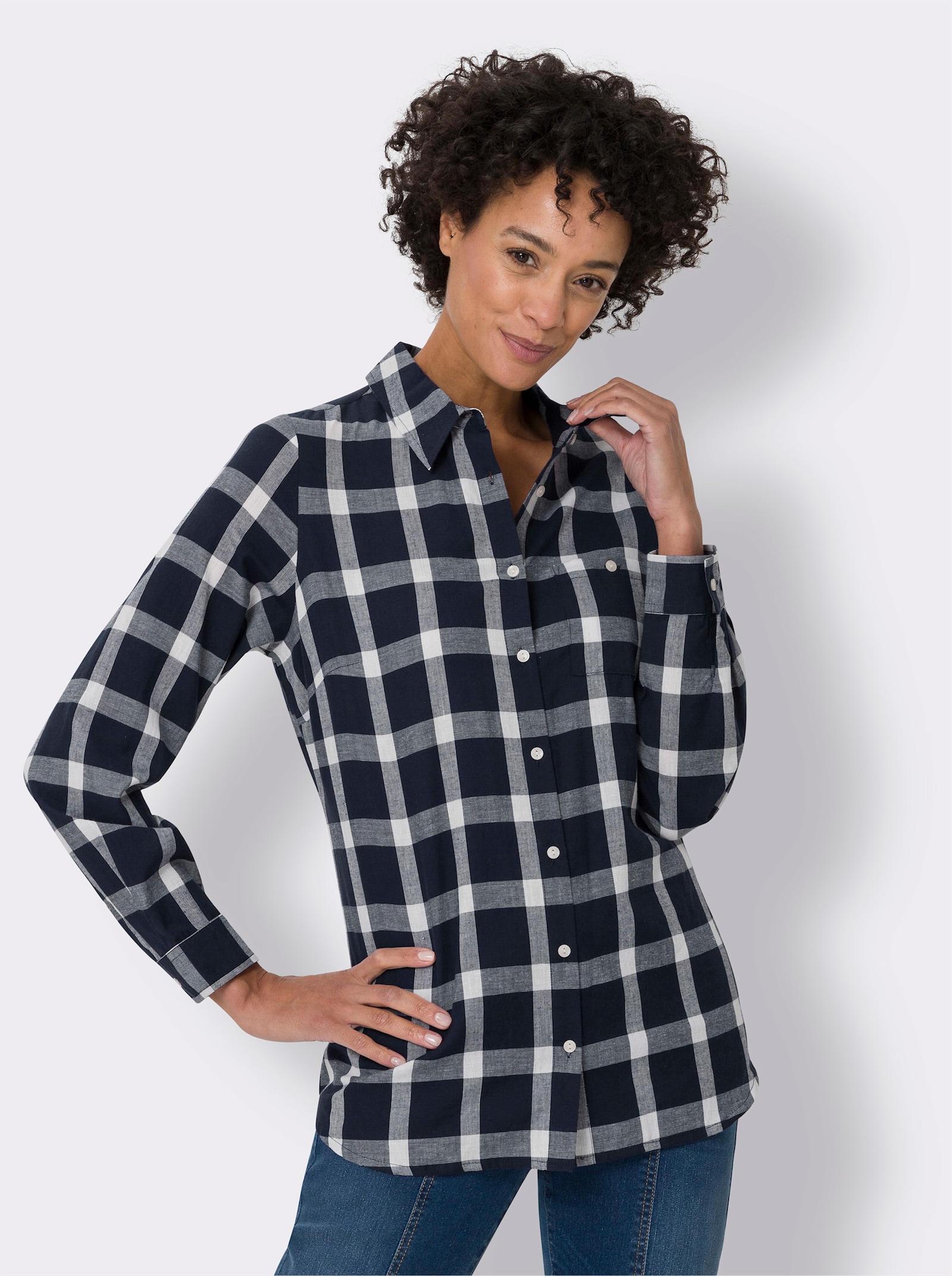 Longbluse mit gerundetem Saum - marine-ecru-kariert