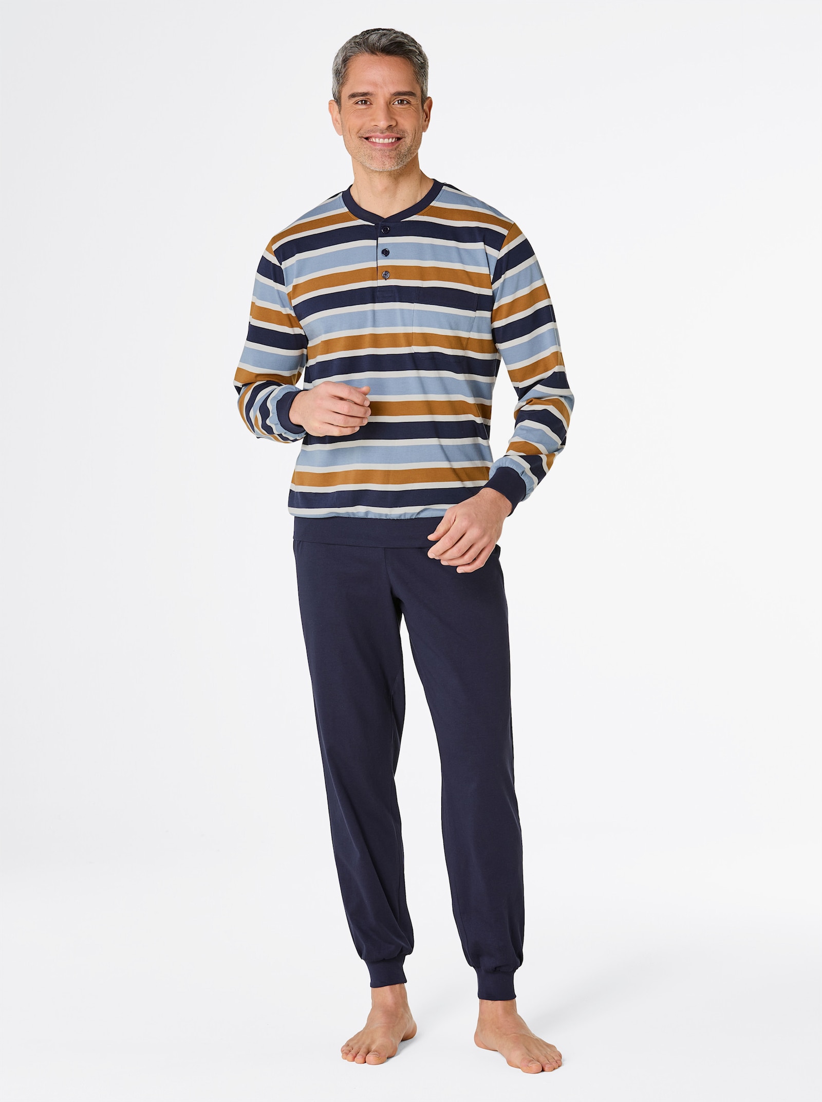 Comte Schlafanzug - marine-ocker-gestreift