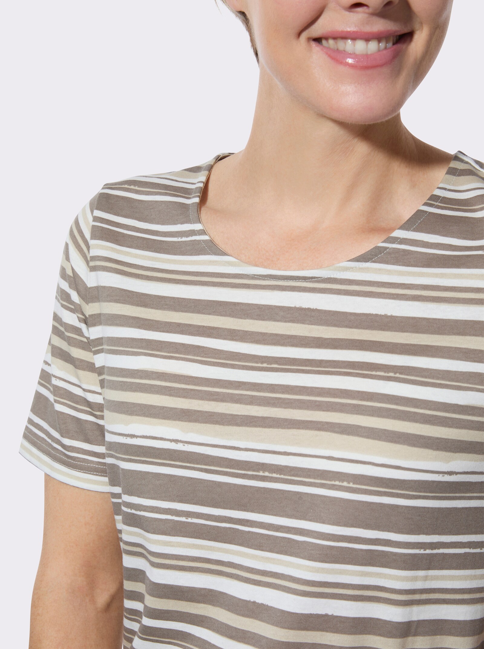Kurzarmshirt im Ringel-Dessin - taupe-ecru-bedruckt