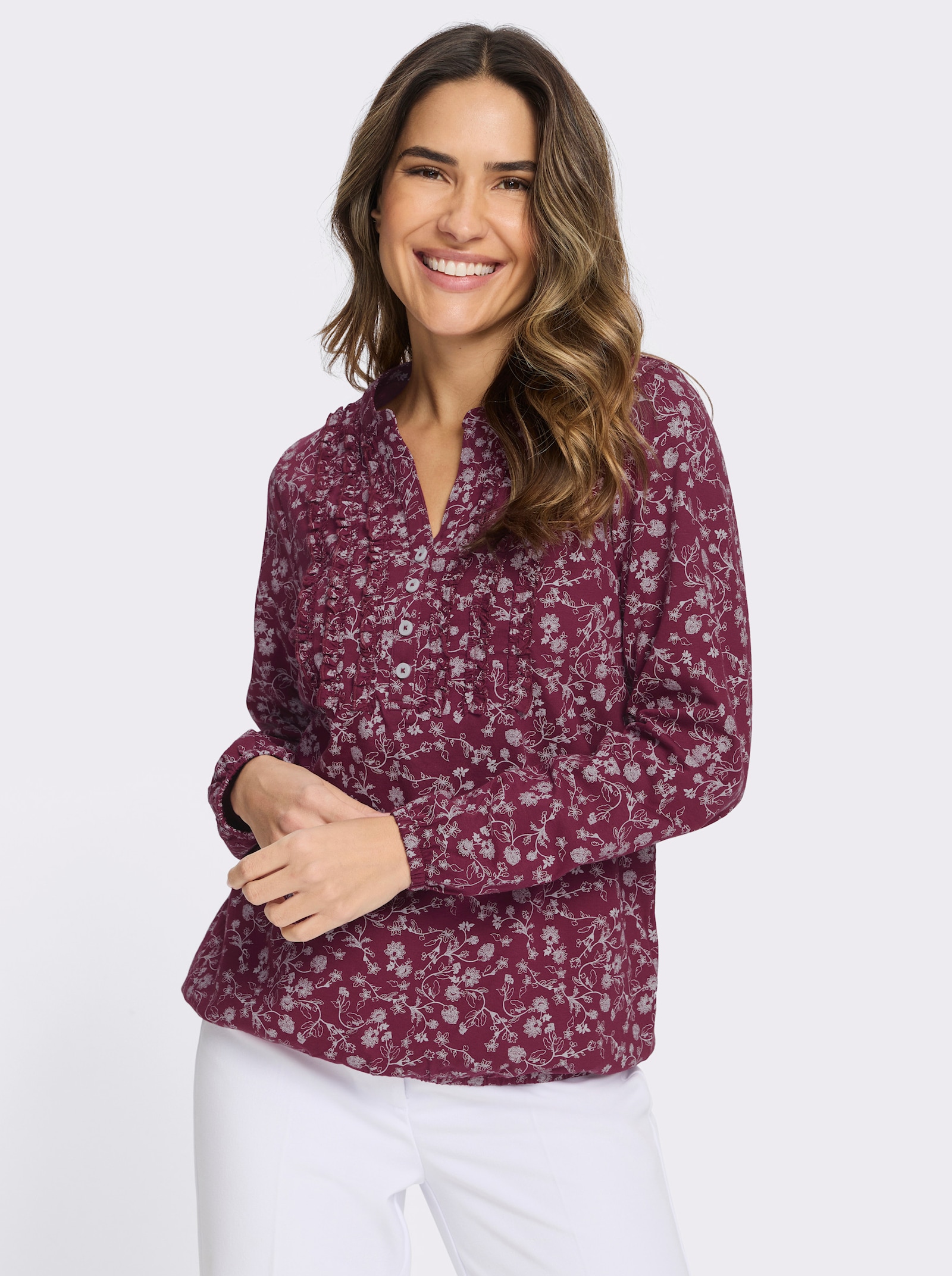 Langarmshirt mit Rüschen am Ausschnitt - bordeaux-ecru-bedruckt