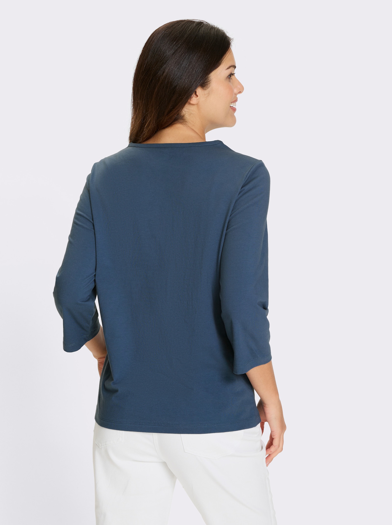 Shirt met 3/4-mouwen en kant bij de hals - rookblauw