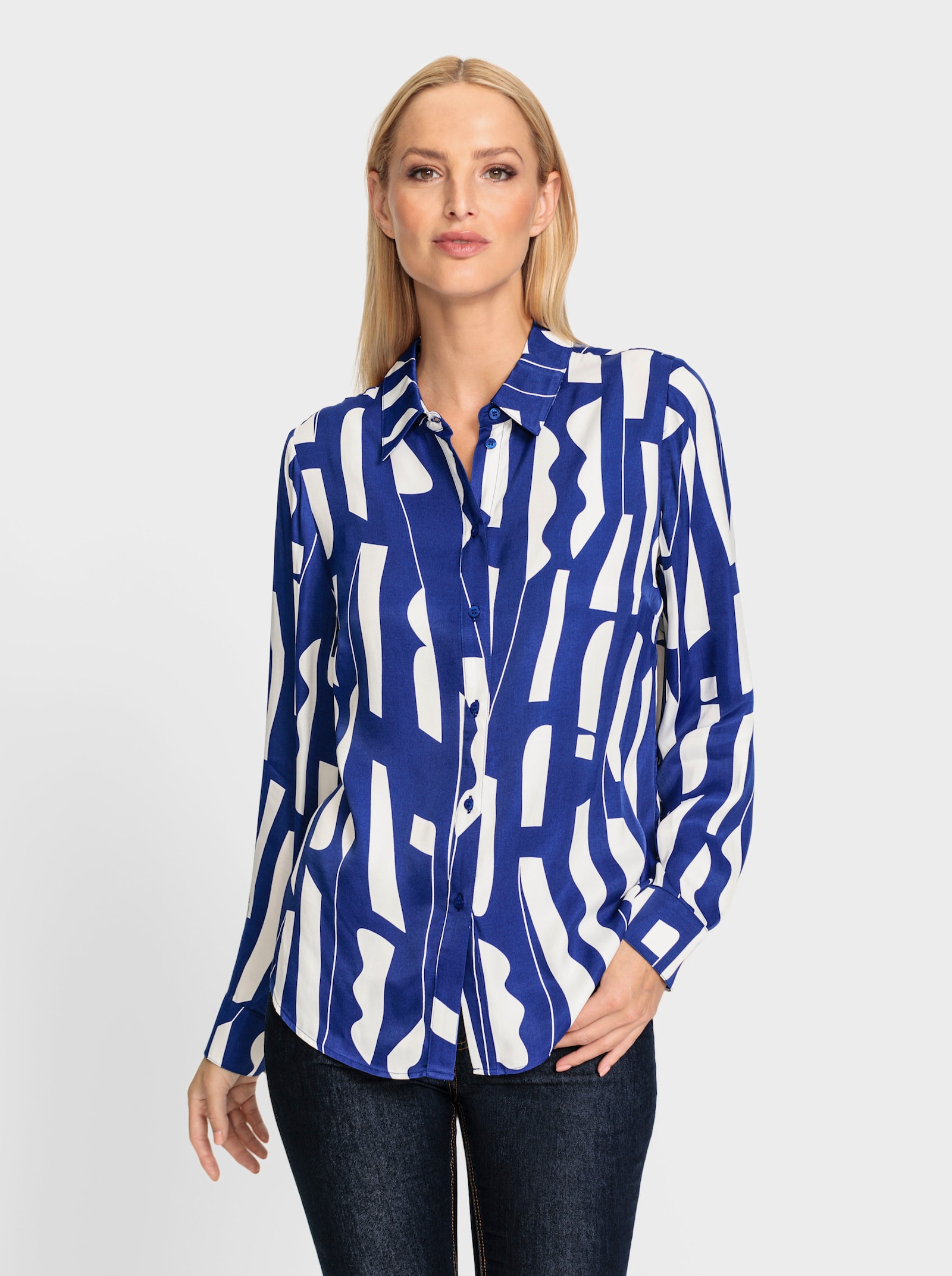 heine Hemdbluse mit Grafik-Dessin - royalblau-ecru-bedruckt