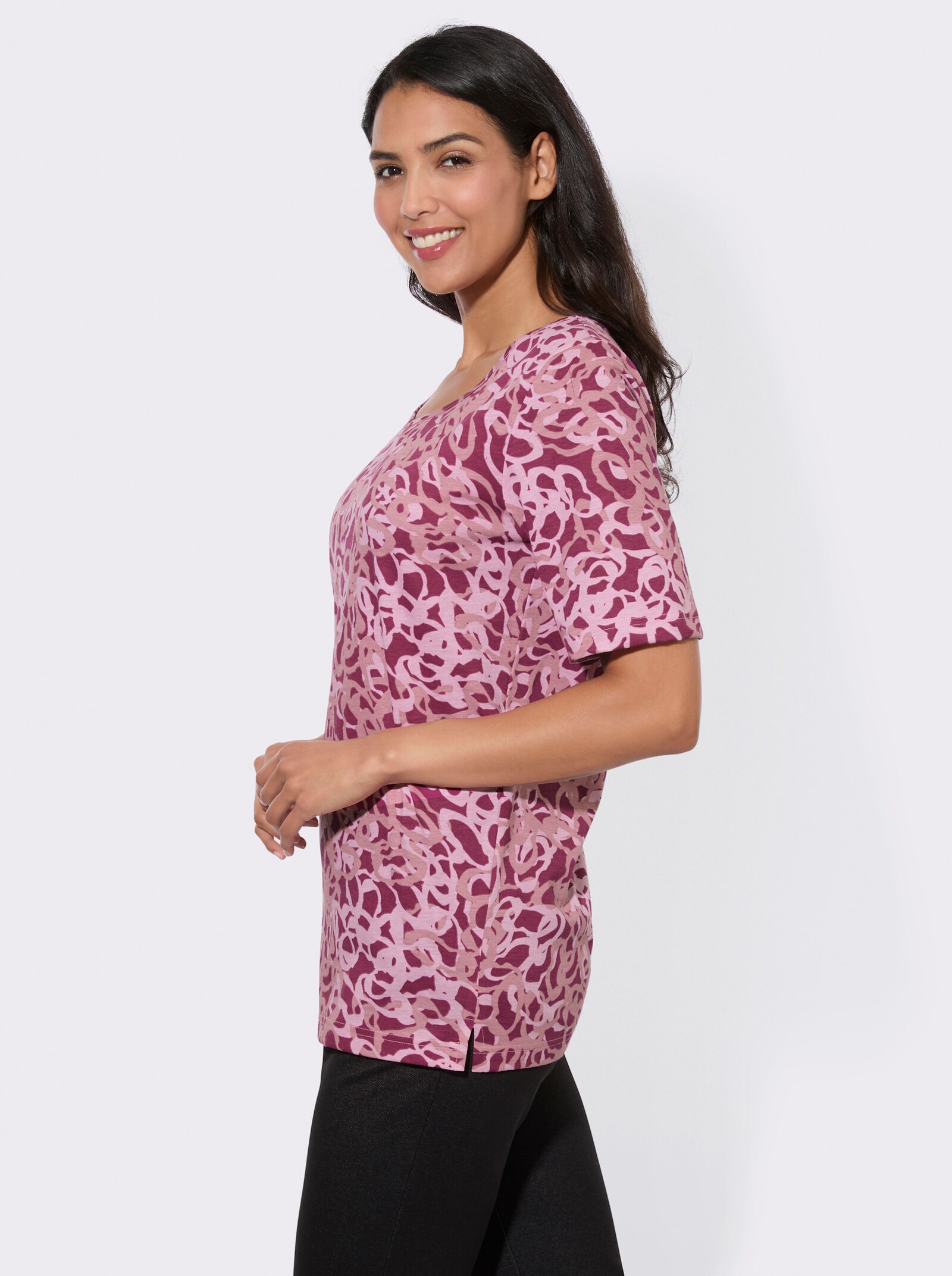 V-Shirt mit Seitenschlitzen - rosenholz-rosenquarz-bedruckt