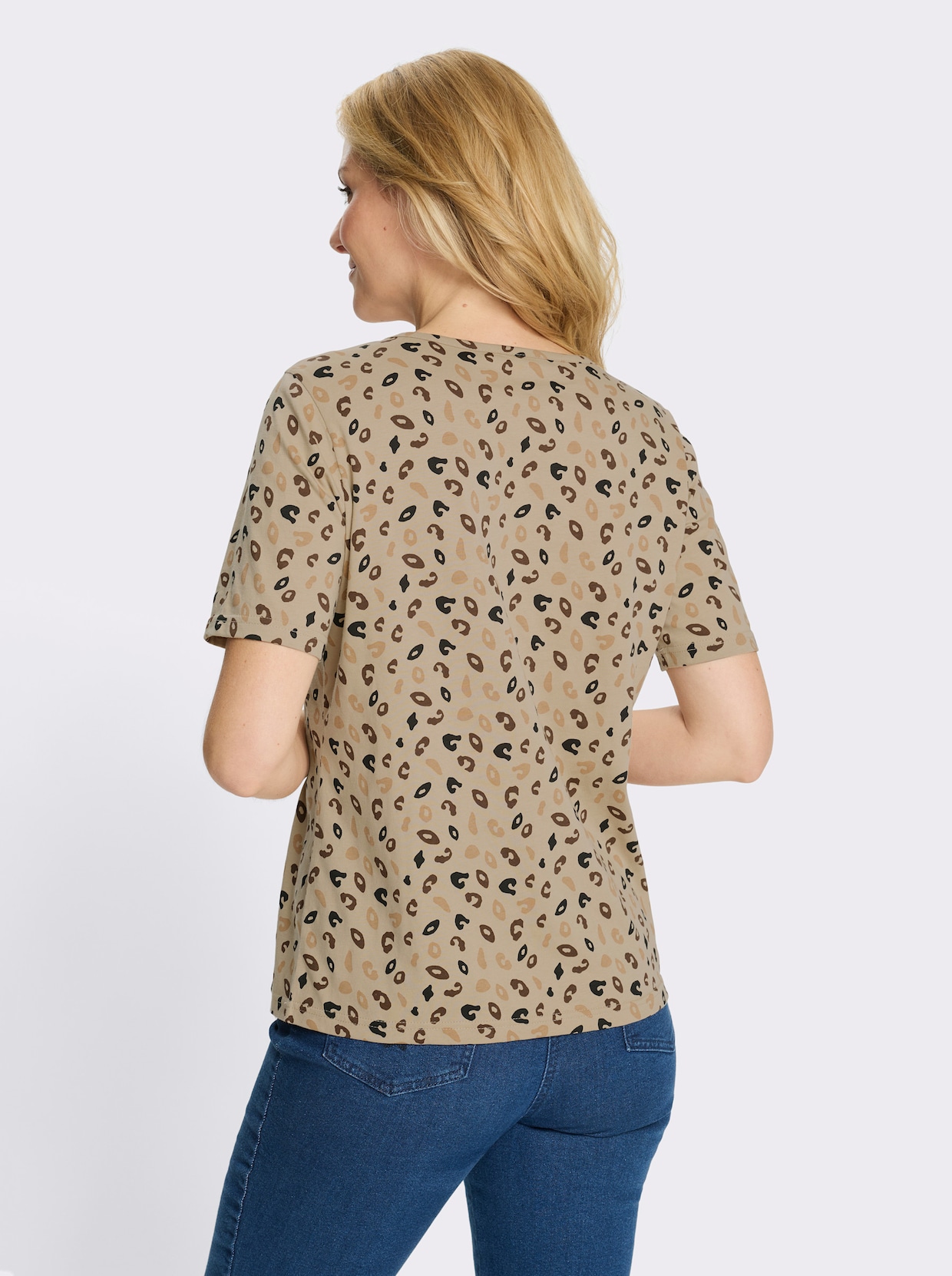 Kurzarmshirt mit Leo-Print - beige-schoko-bedruckt