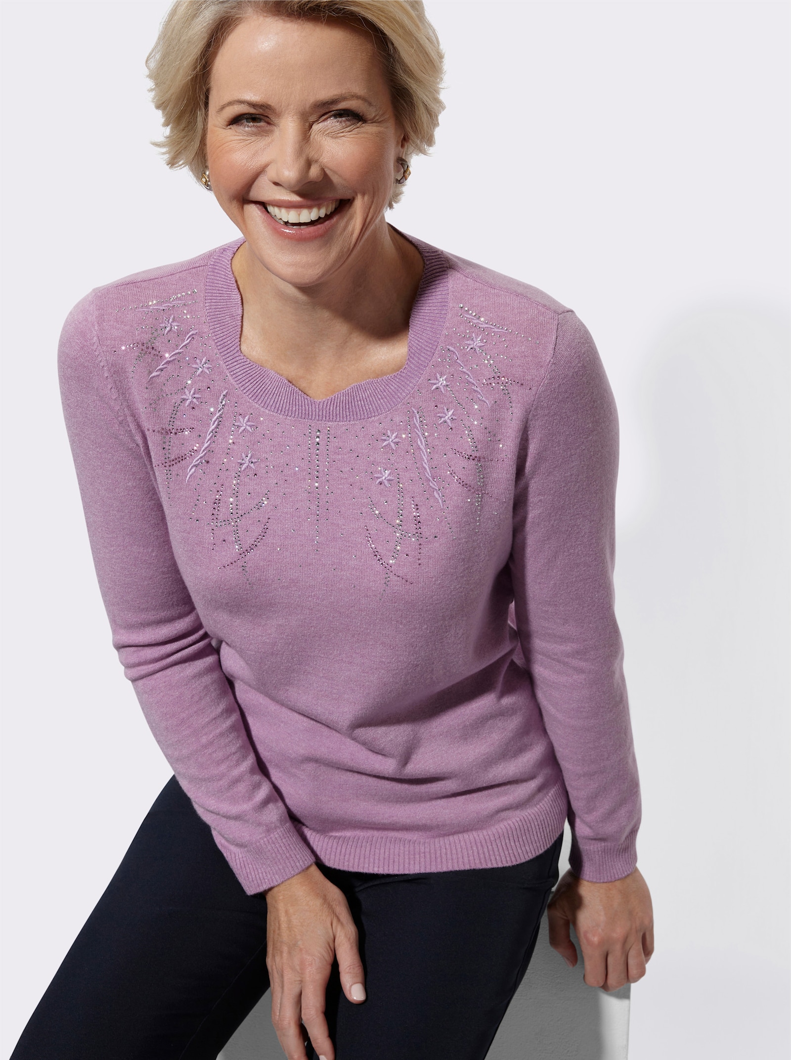 Langarm-Pullover mit Glitzersteinchen und Stickerei - orchidee-meliert