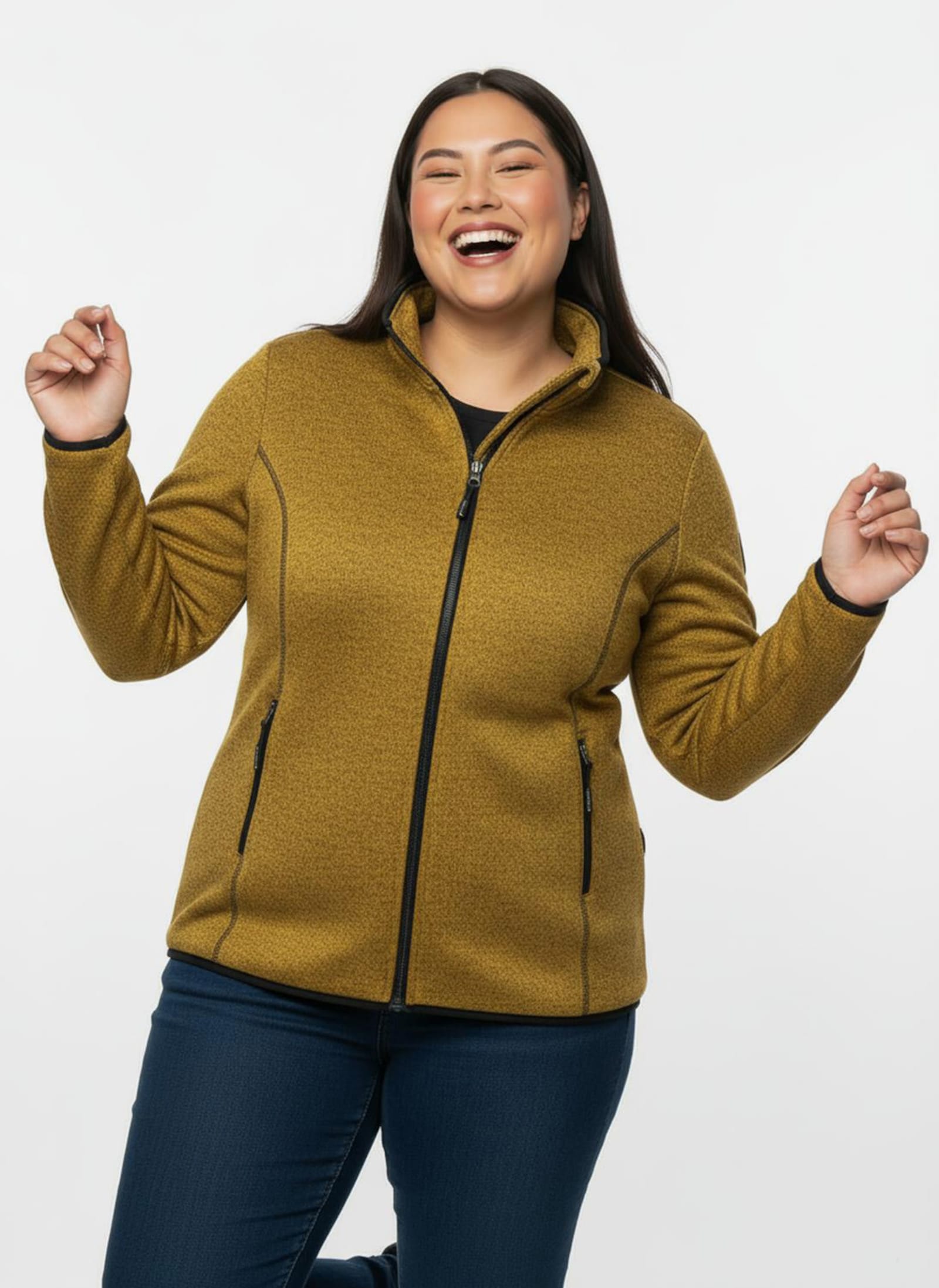 Strickfleecejacke in Longform - ocker-schwarz-gemustert