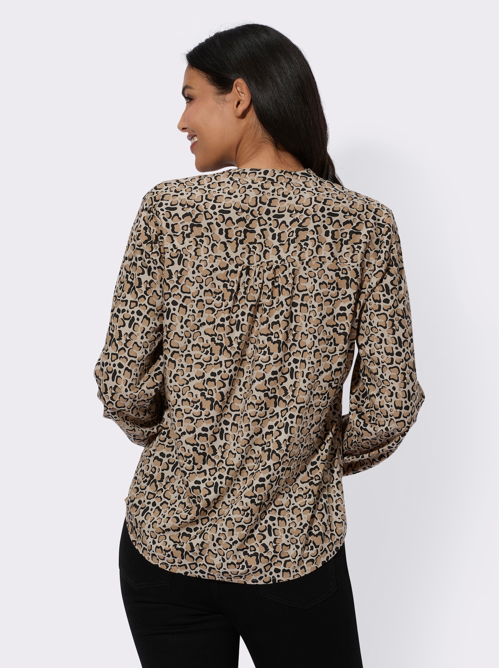 Comfortabele blouse met 3/4-mouwen - beige/zwart geprint