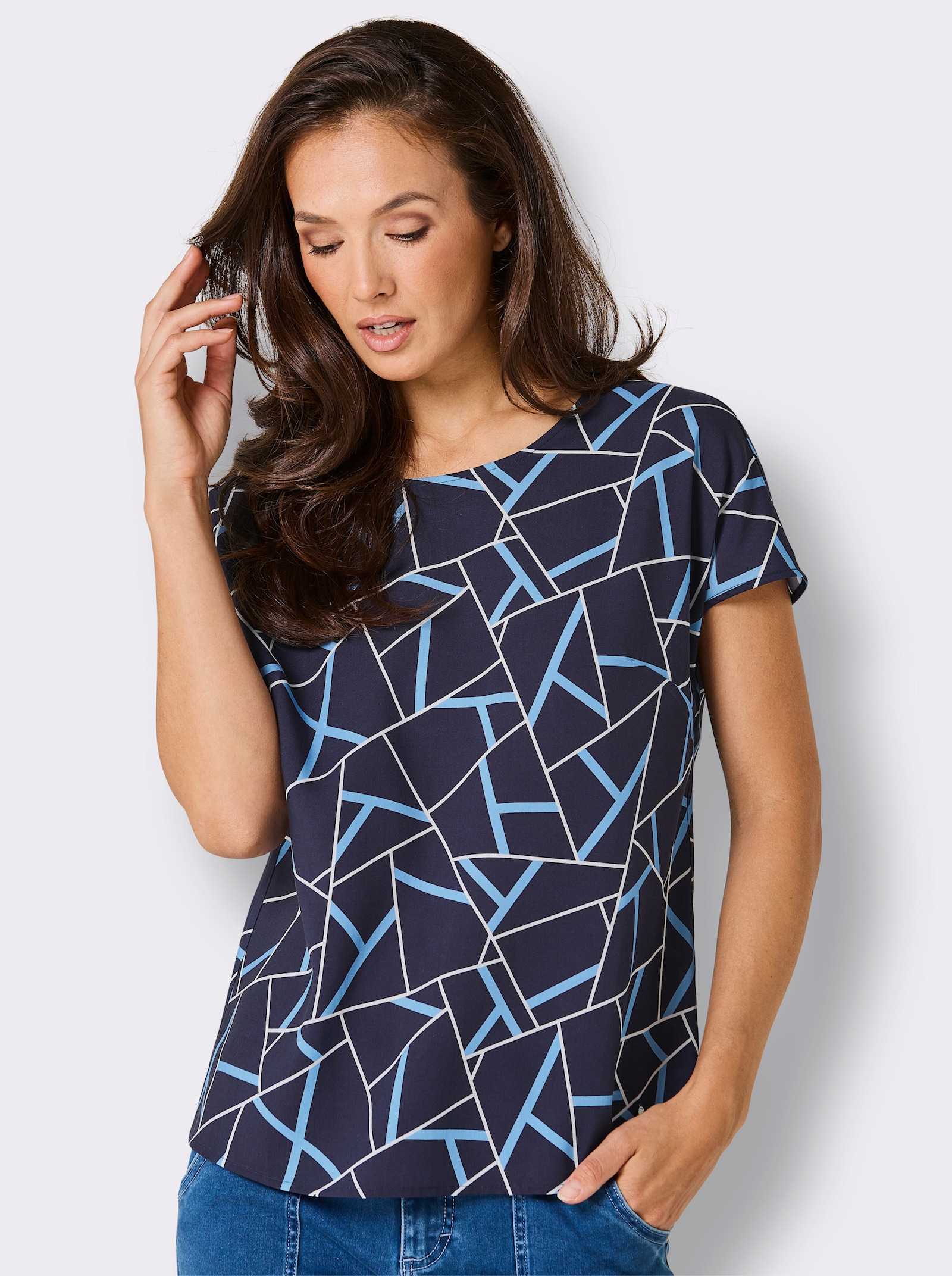 CREATION L PREMIUM Schlupfbluse Mit Schlingen-Knopfverschluss - marine-himmelblau-bedruckt