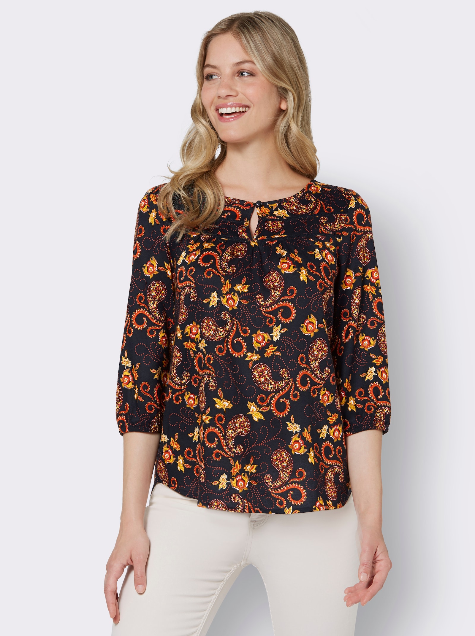Schlupfbluse mit Paisleymuster, aus Viskose - schwarz-ocker-bedruckt